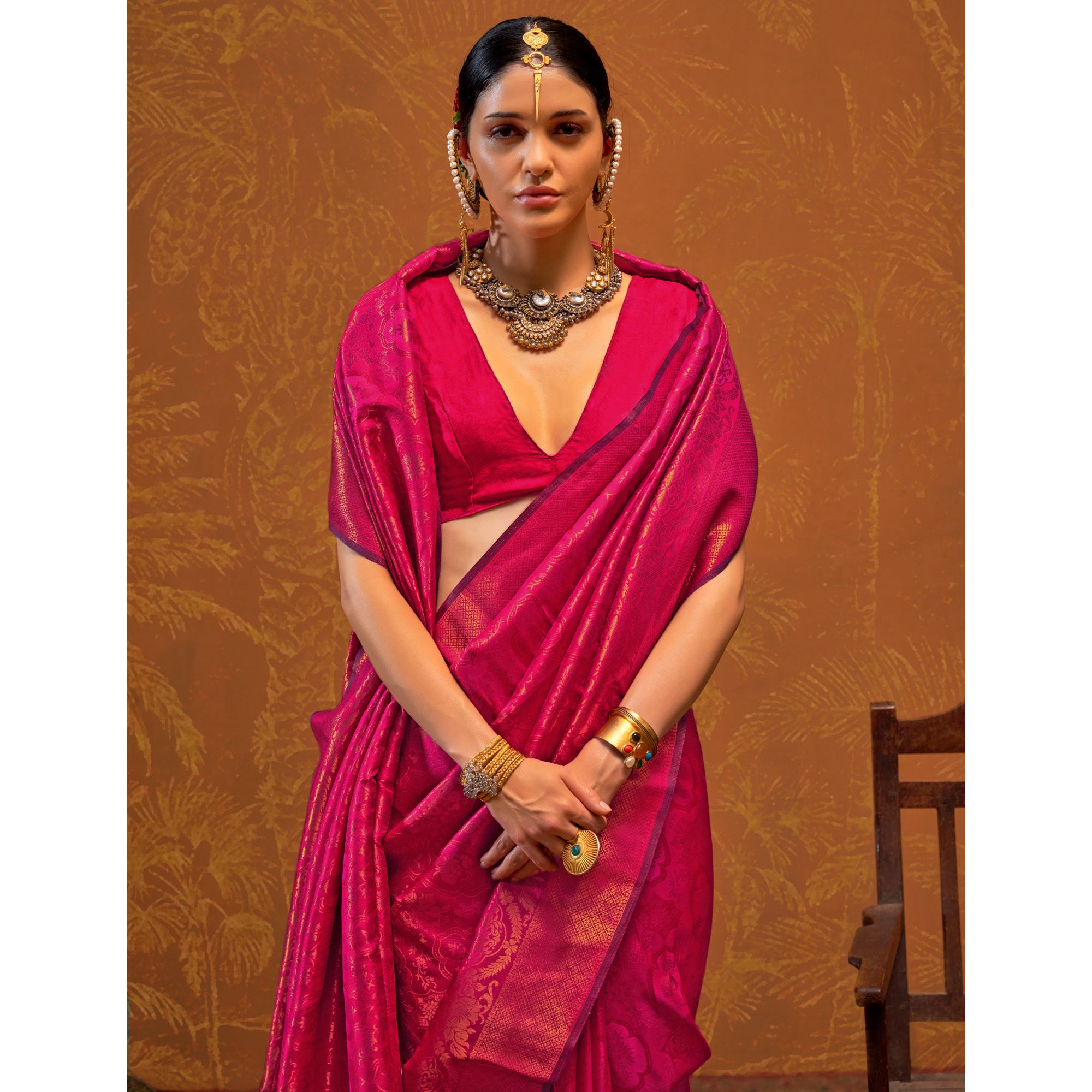 Rani Pink Zari Weaving Art Silk Saree With Tassels