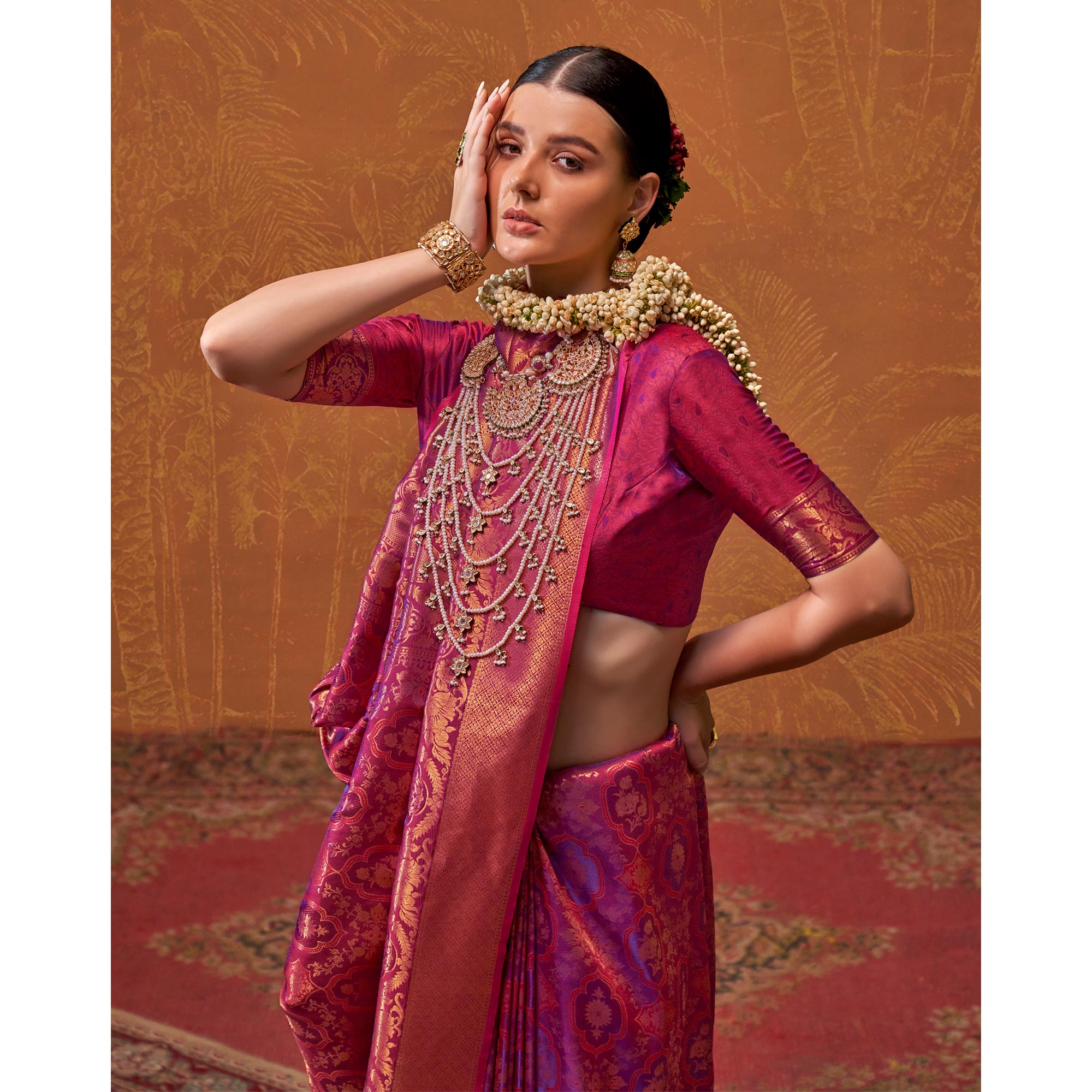 Magenta Zari Weaving Art Silk Saree With Tassels