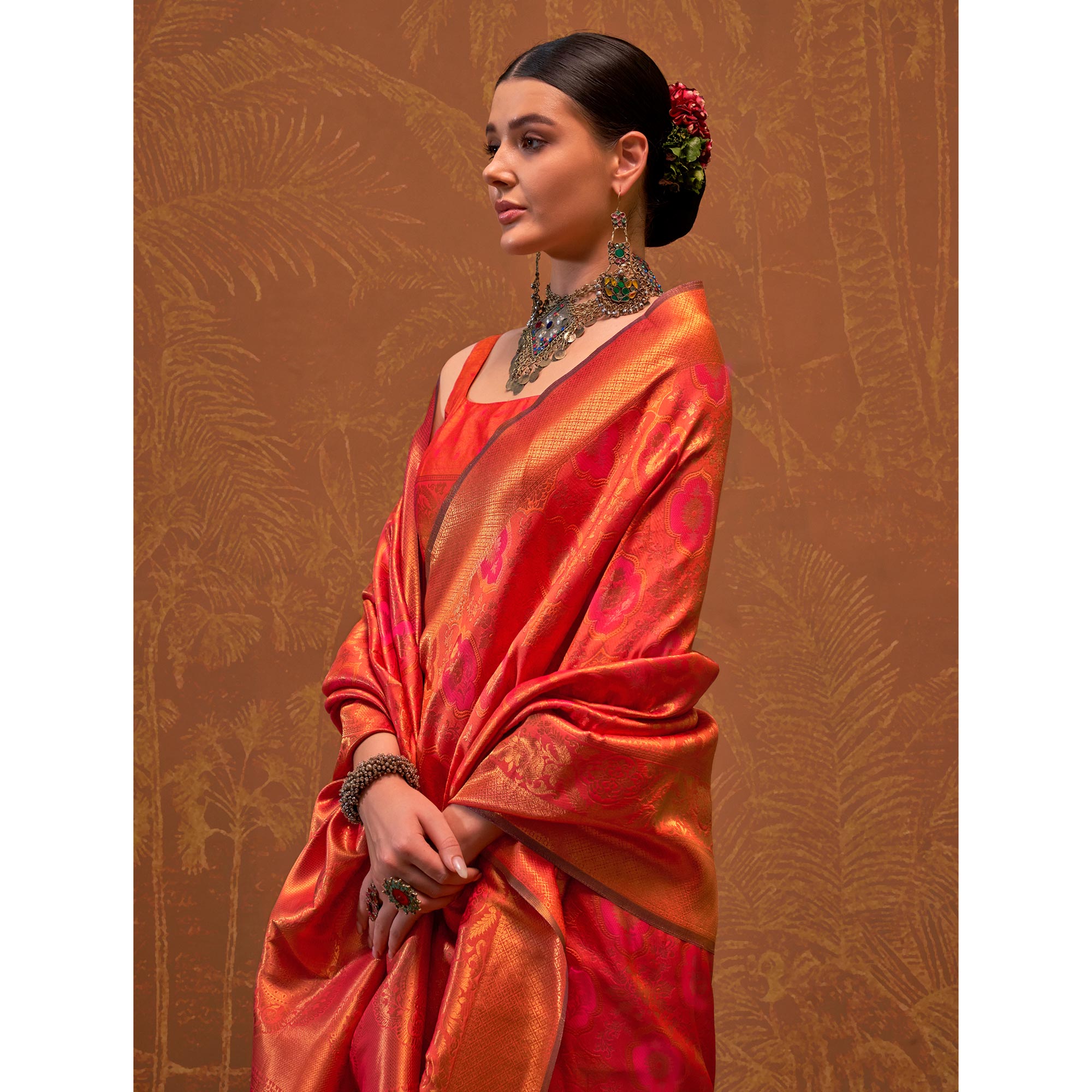 Orange Zari Weaving Art Silk Saree With Tassels