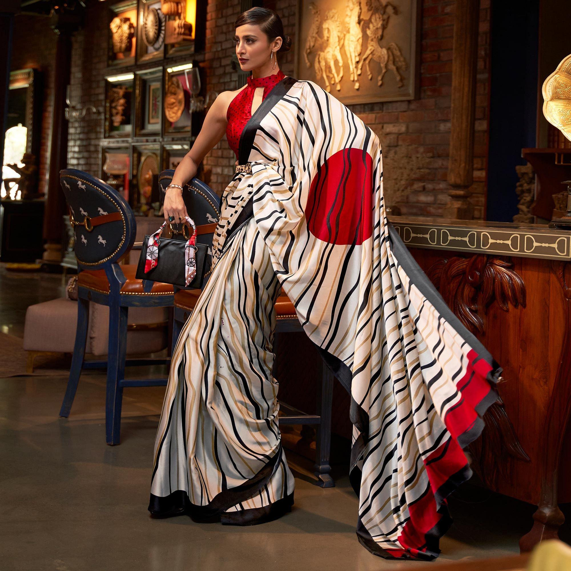 Off White Striped Printed Satin Saree
