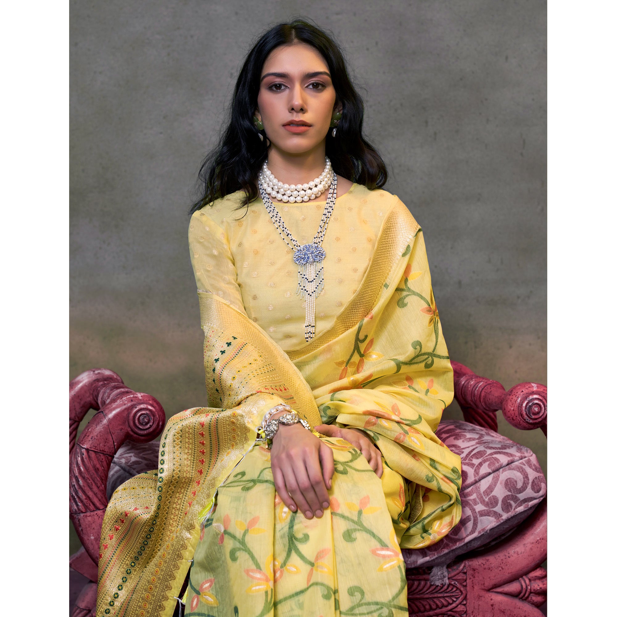 Yellow Floral Woven Cotton Silk Saree With Tassels