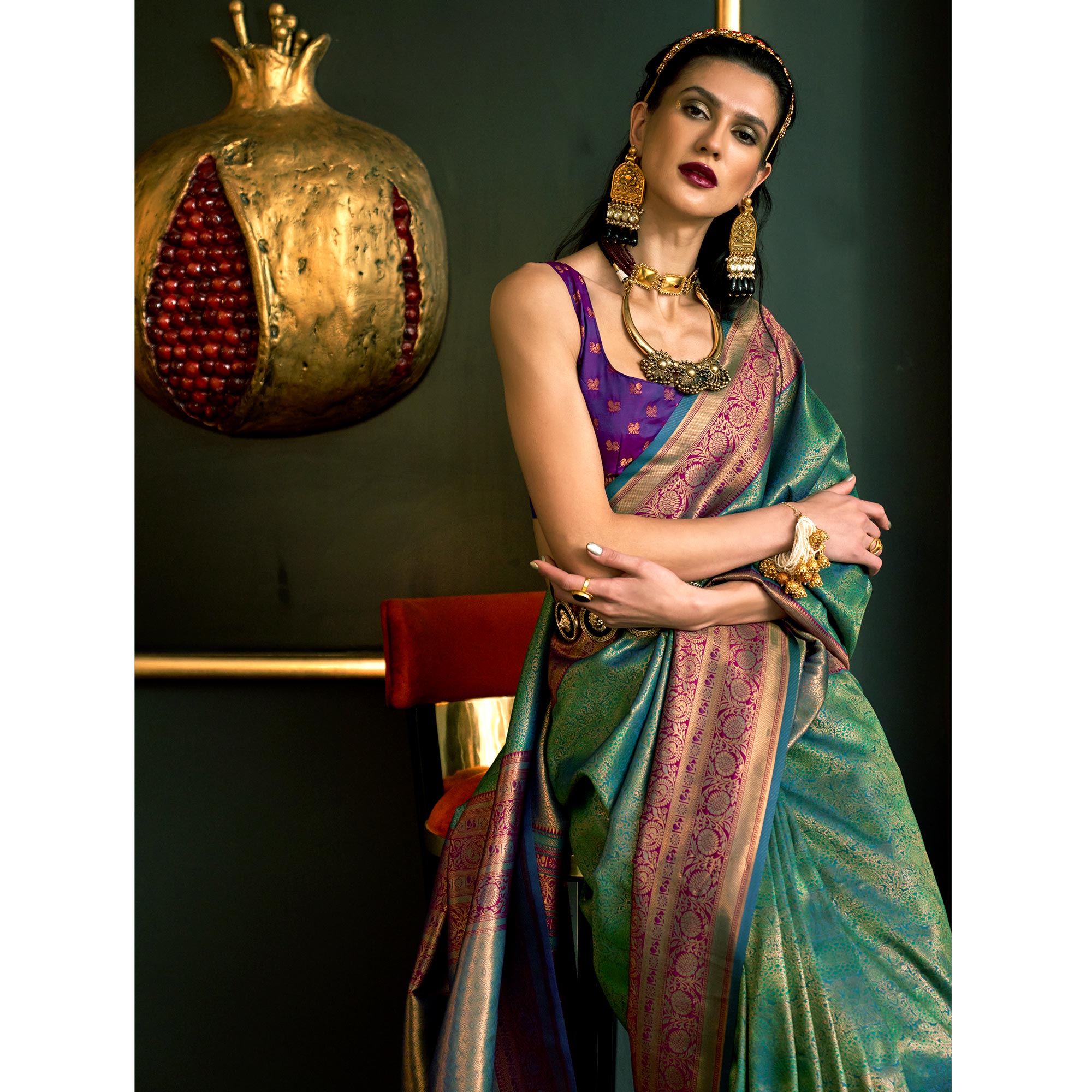 Green Floral Woven Art Silk Saree With Tassels