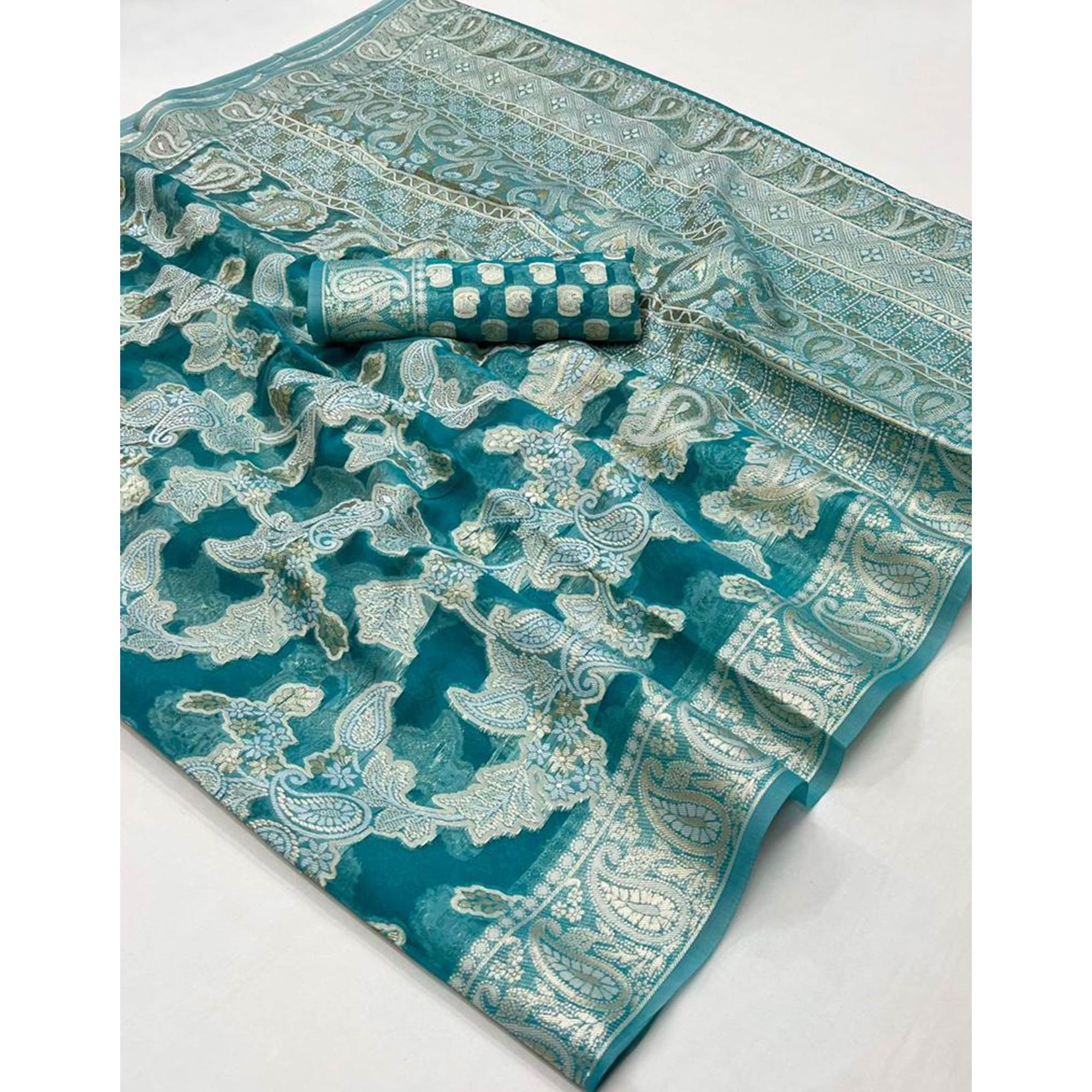 Rama Blue Woven Organza Saree