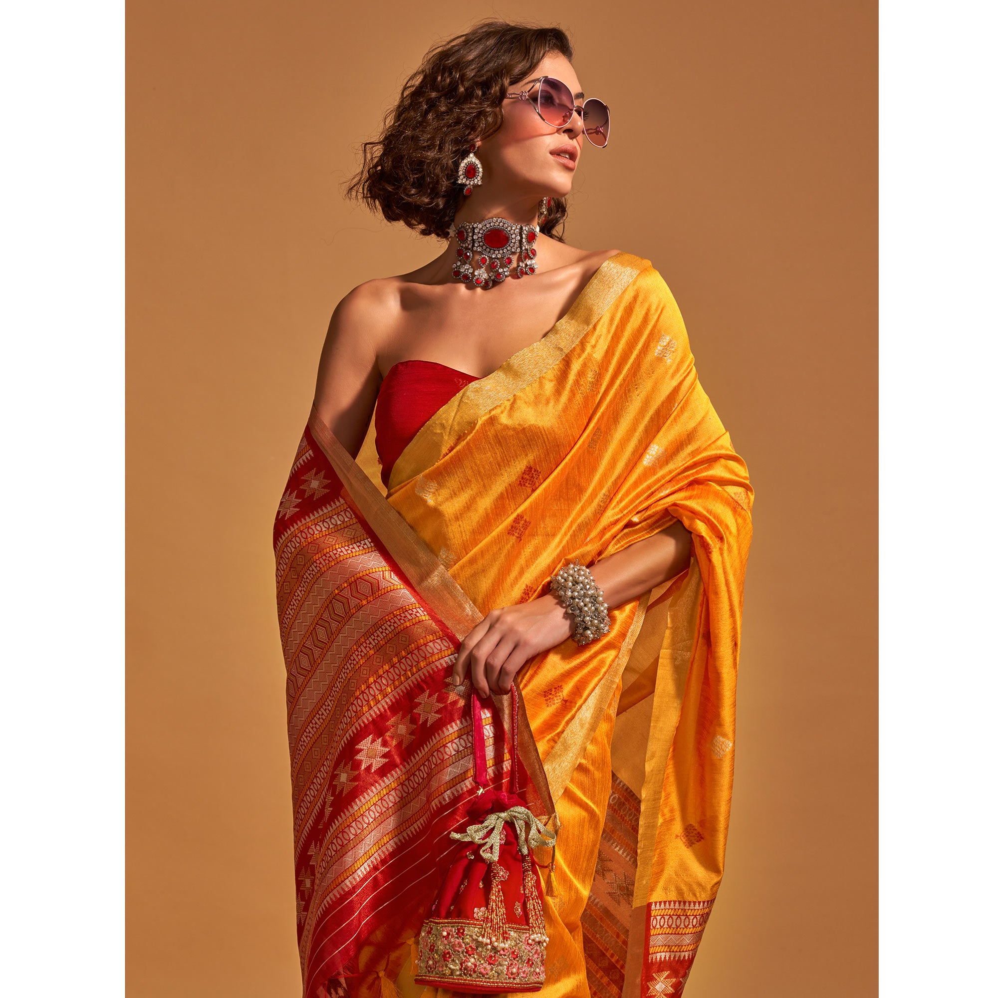 Mustard Woven Art Silk Saree With Tassels