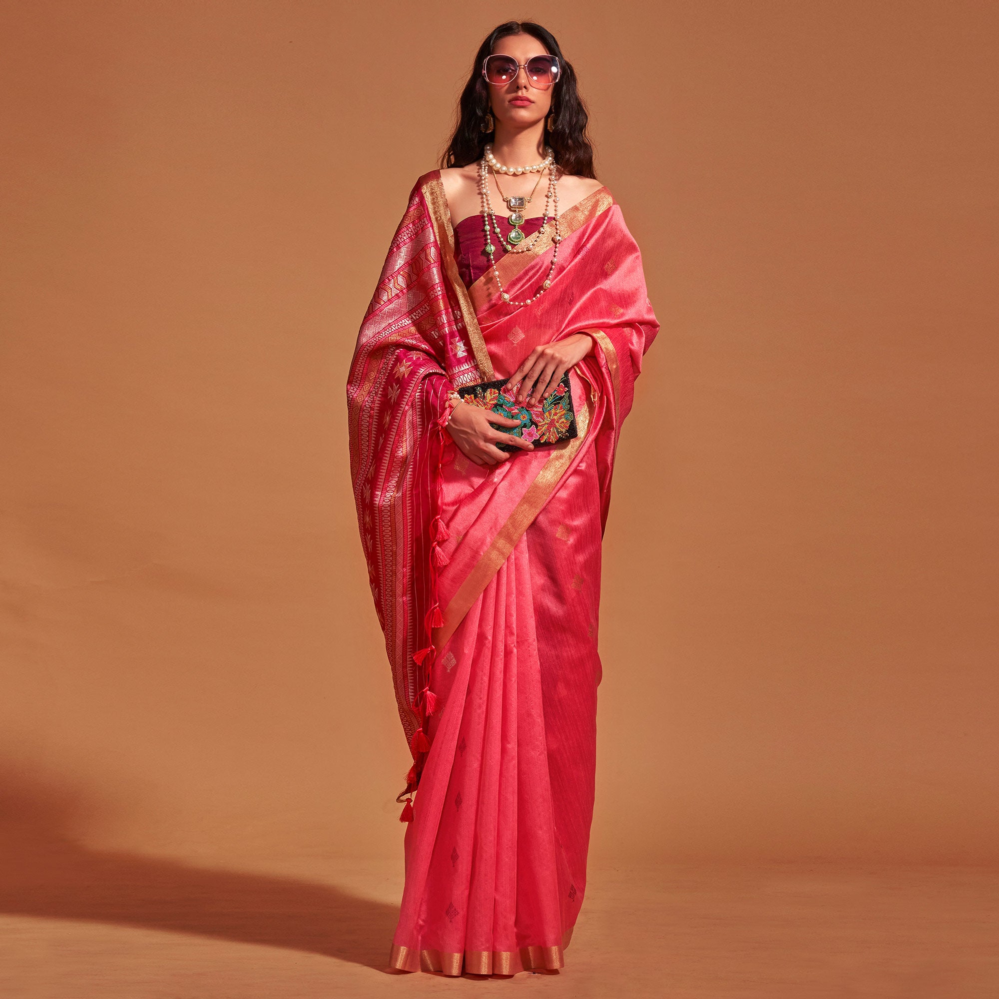 Gajri Pink Woven Art Silk Saree With Tassels