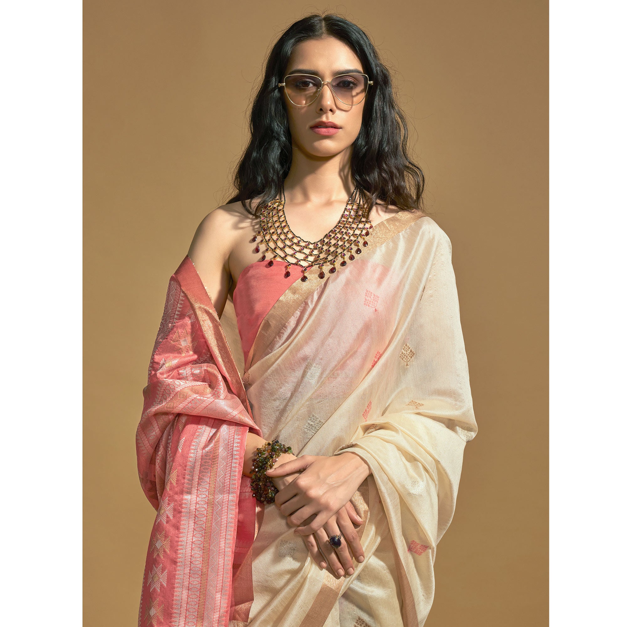 Off White Woven Art Silk Saree With Tassels