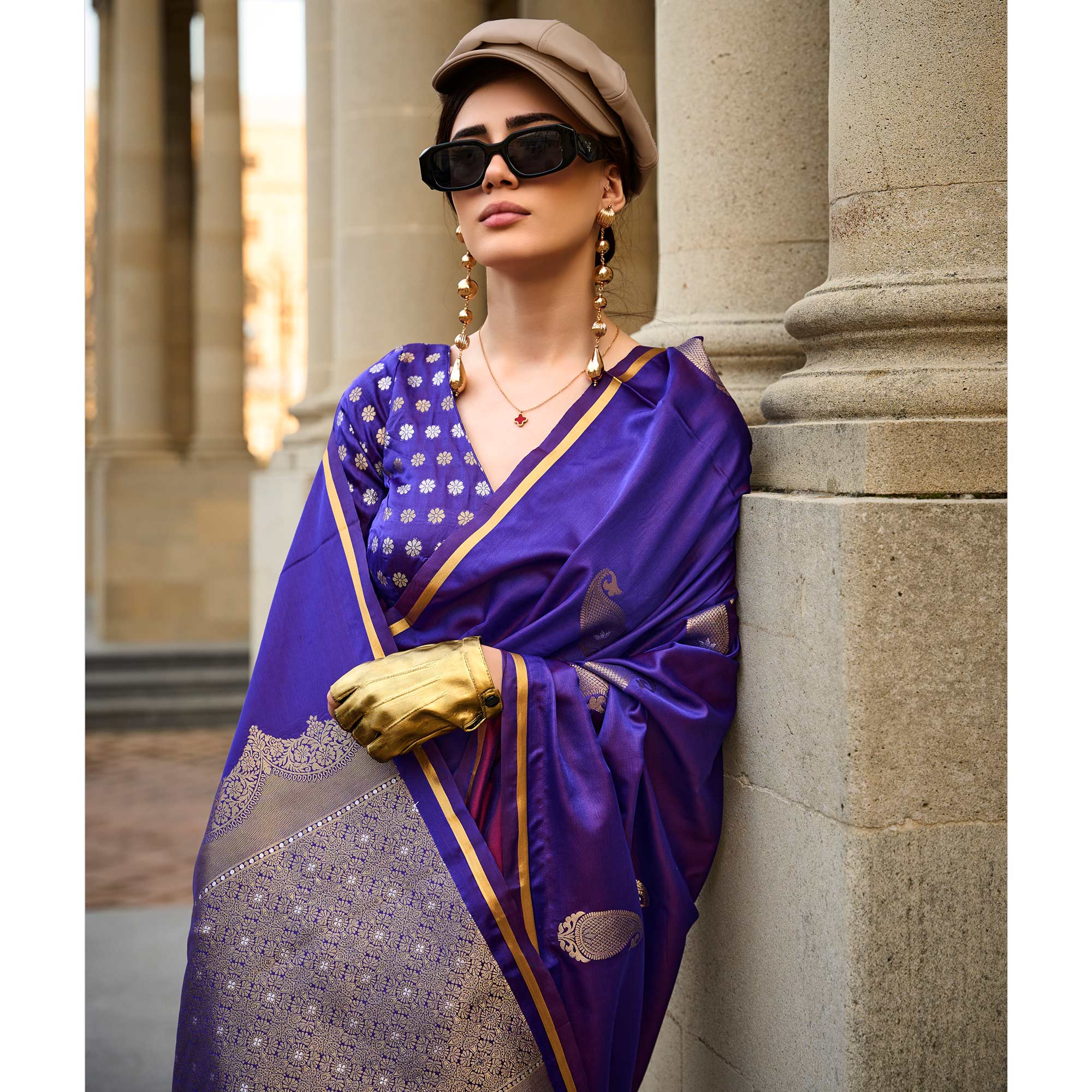Purple Zari Work Woven Satin Saree With Tassels