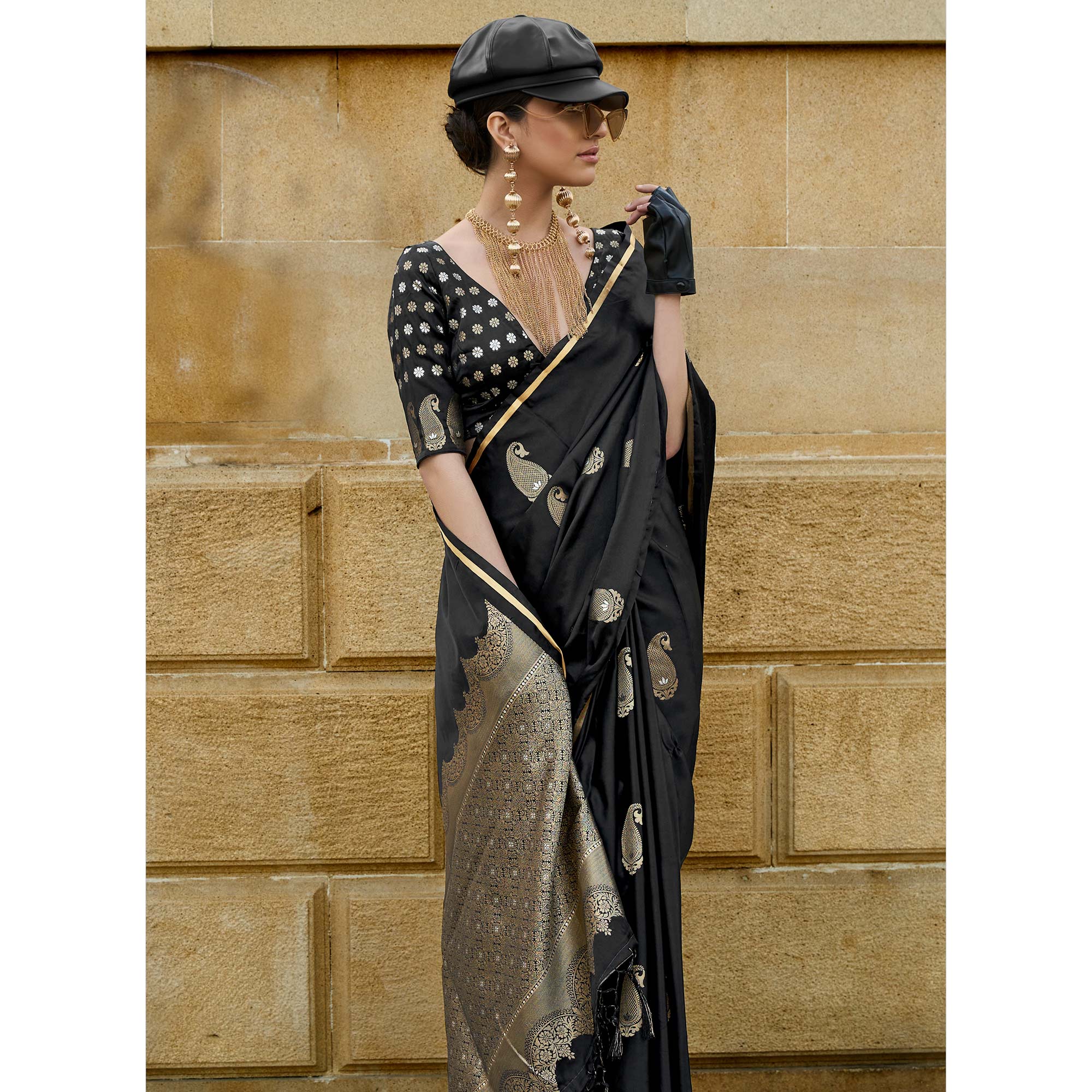 Black Zari Work Woven Satin Saree With Tassels