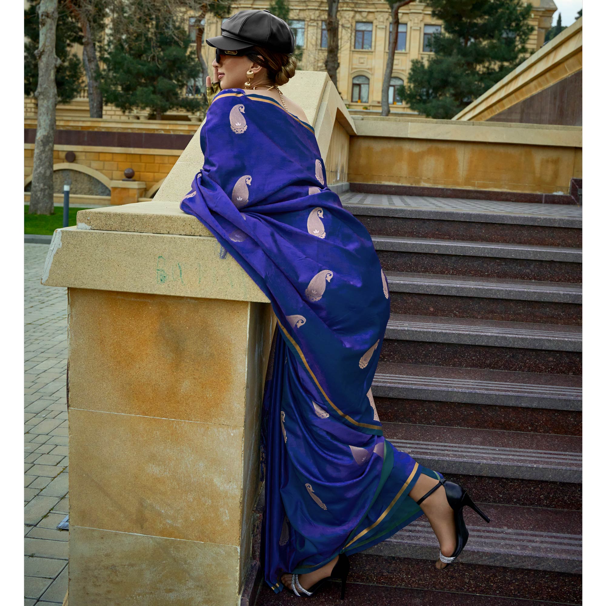 Royal Blue Zari Work Woven Satin Saree With Tassels