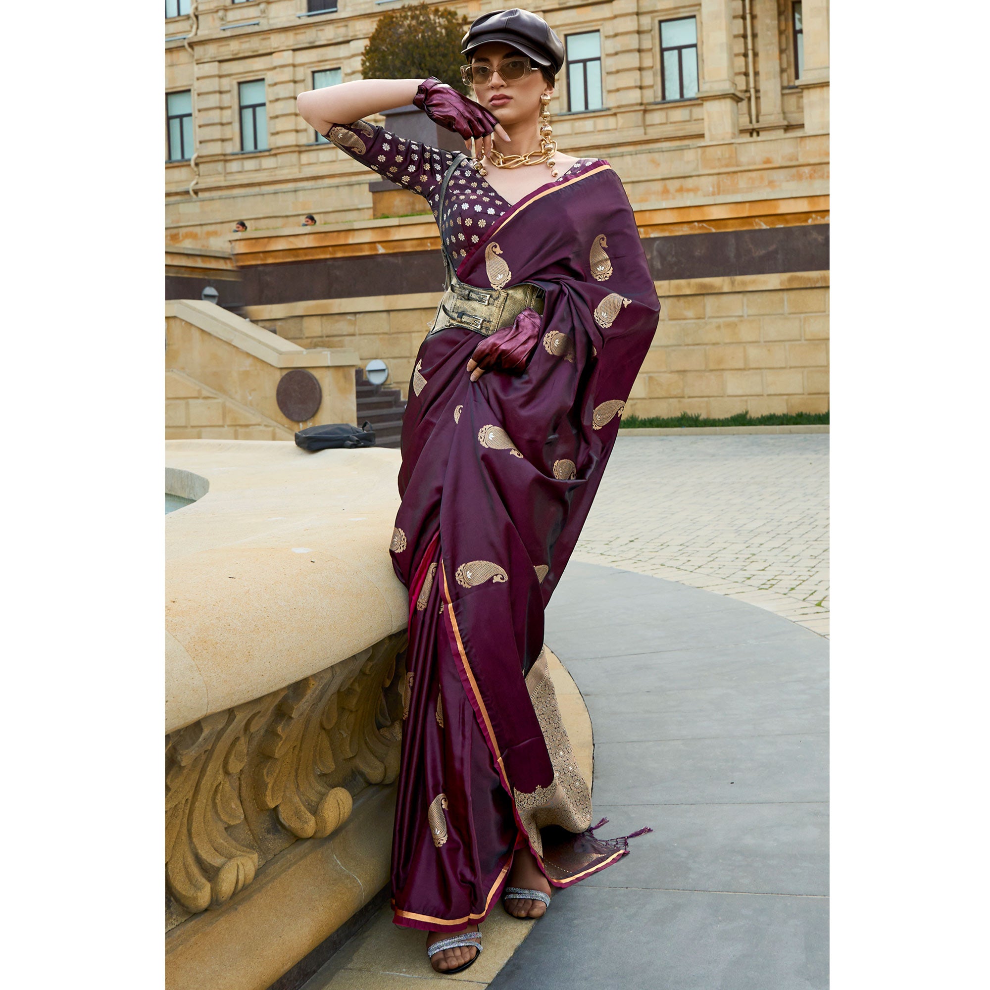 Burgundy Zari Work Woven Satin Saree With Tassels