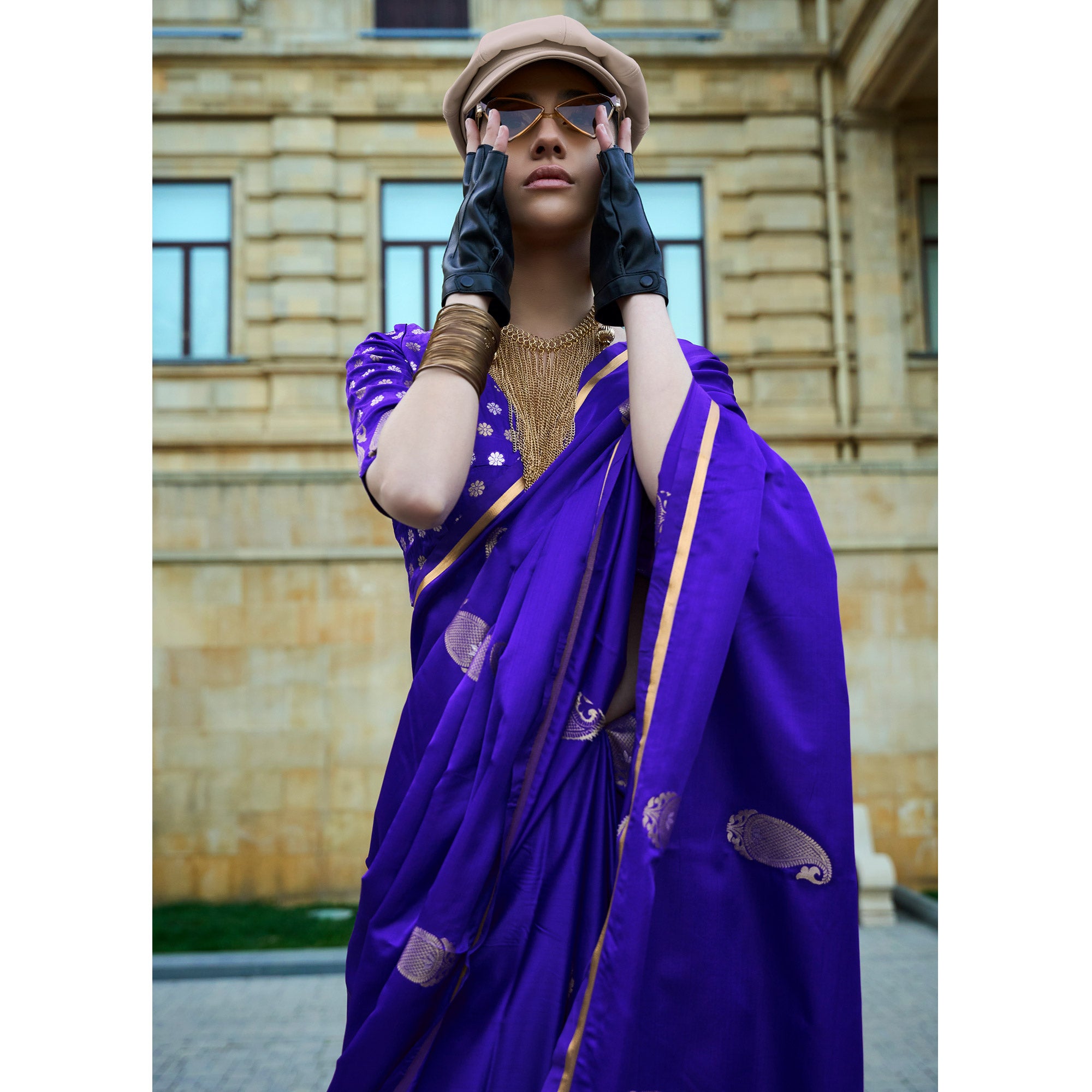 Violet Zari Work Woven Satin Saree With Tassels