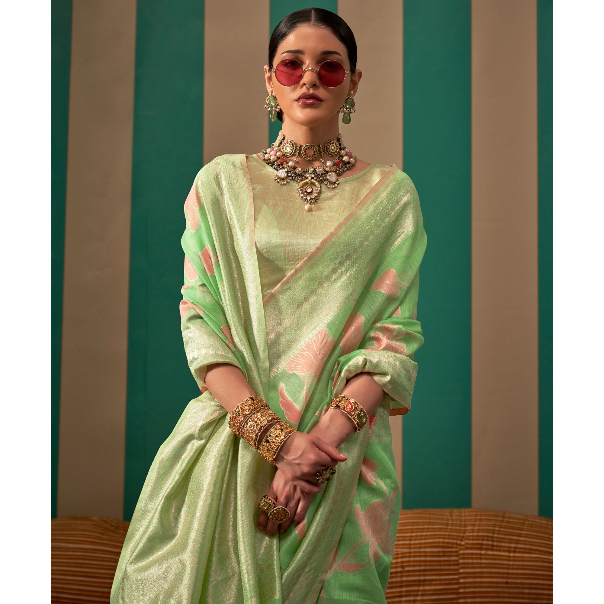 Green Floral Woven Linen Saree With Zari Work