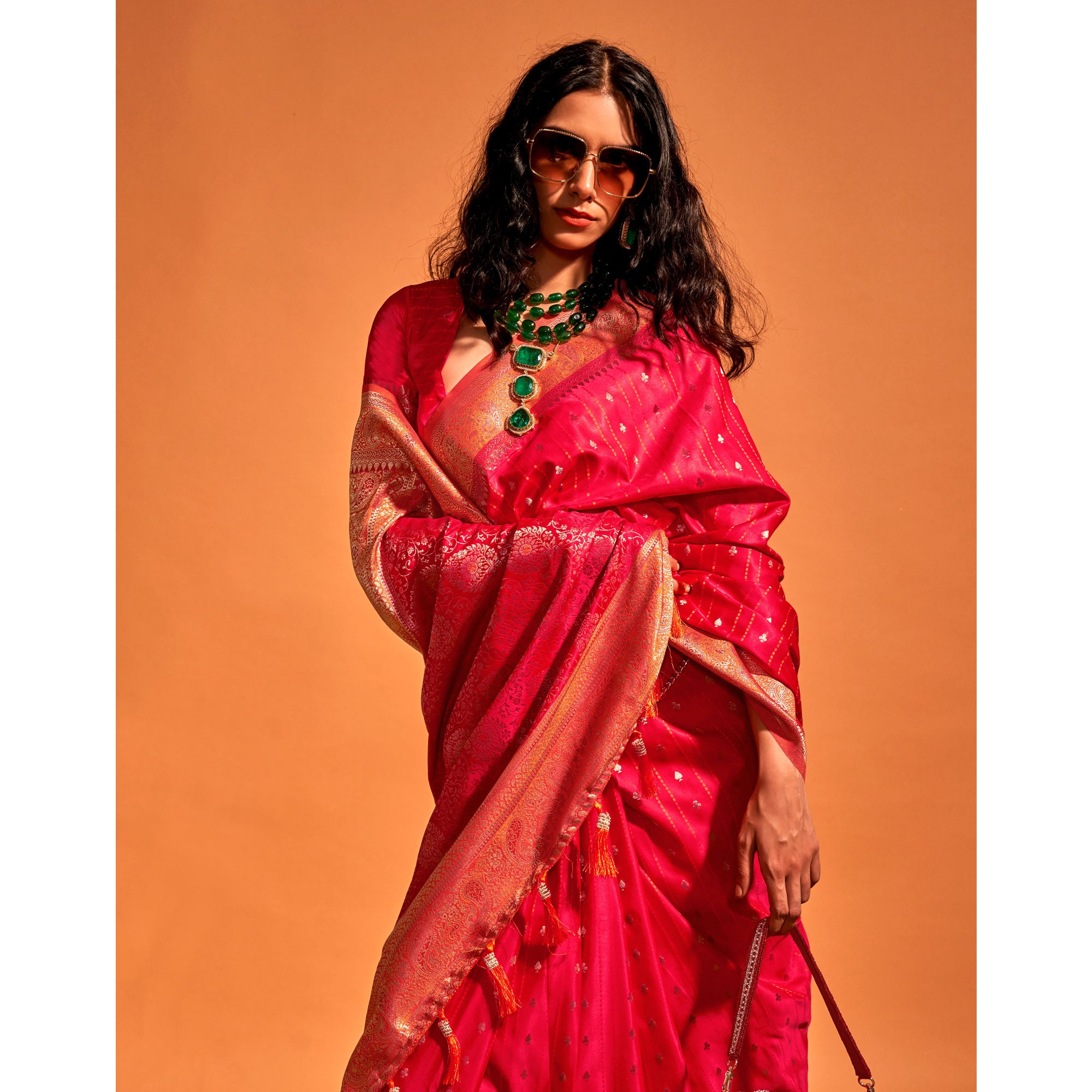 Rani Pink Woven Zari Border Satin Saree With Tassels