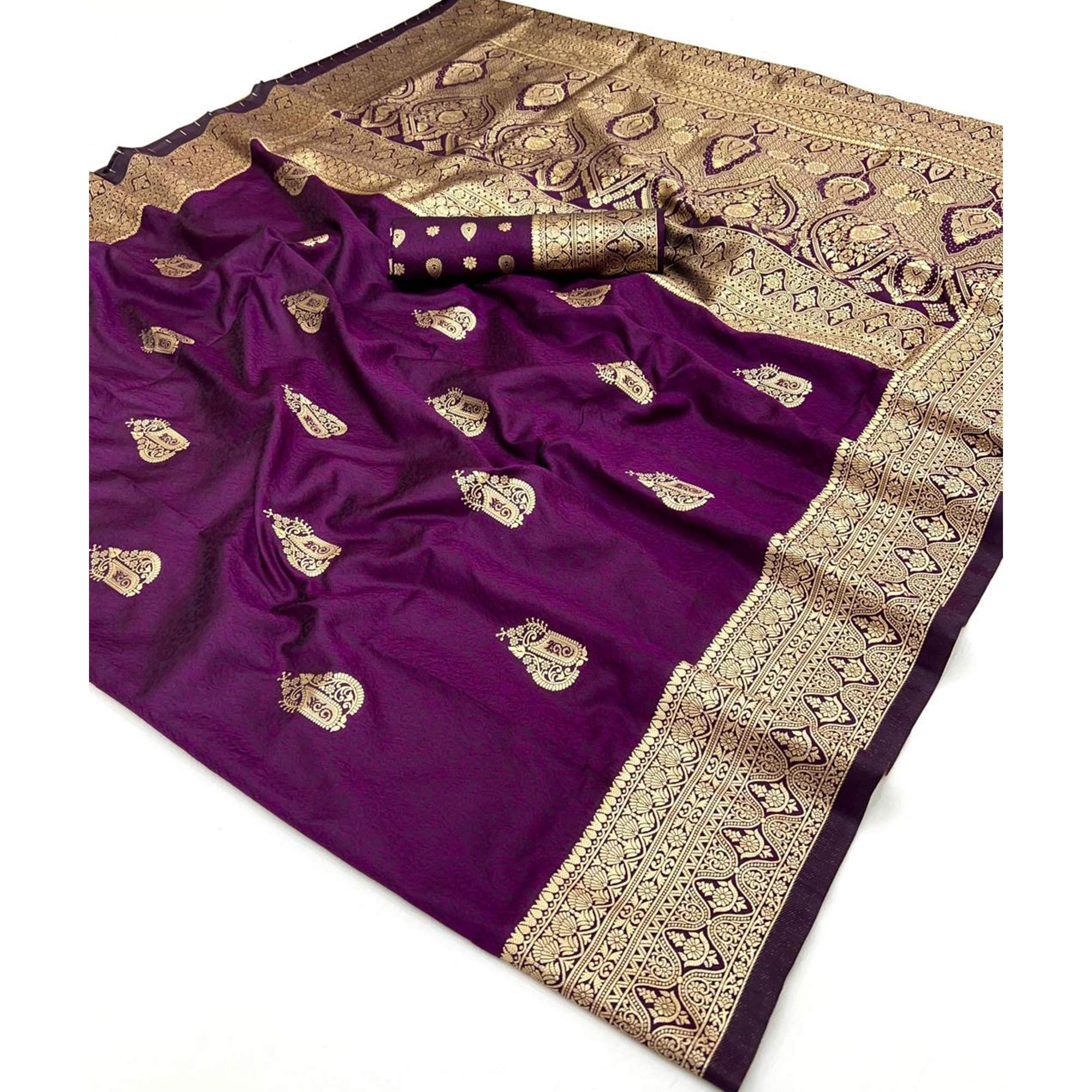 Purple Floral Zari Weaving Banarasi Silk Saree