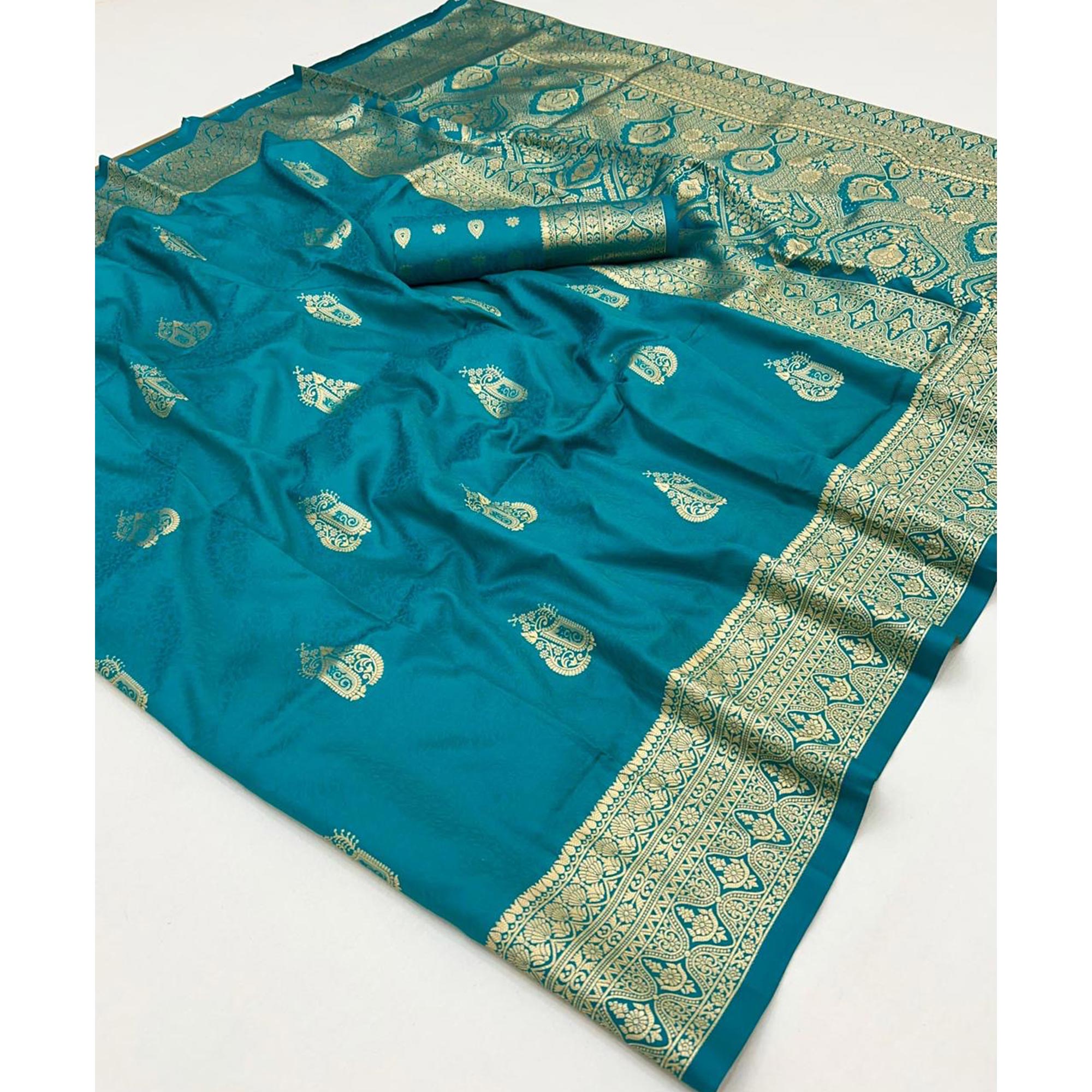 5Rama Blue Floral Zari Weaving Banarasi Silk Saree