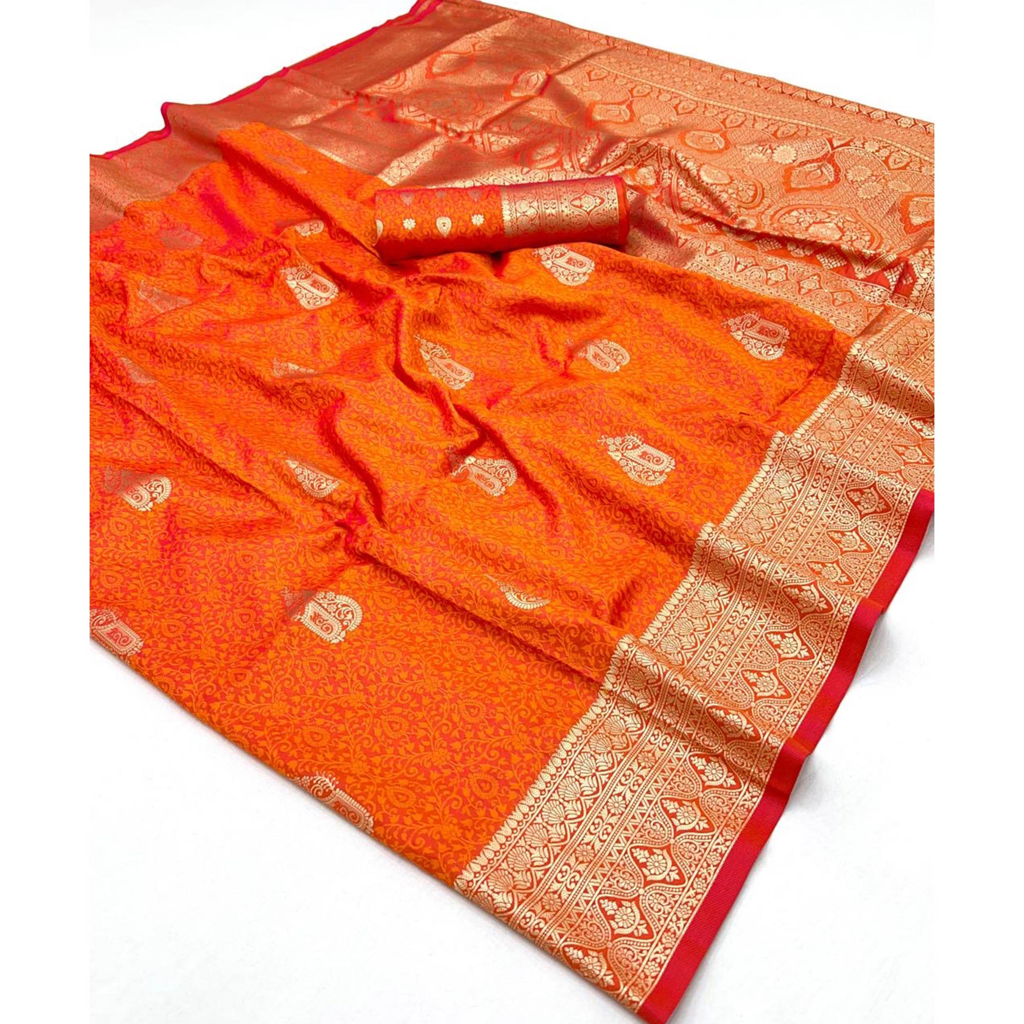 Orange Floral Zari Weaving Banarasi Silk Saree