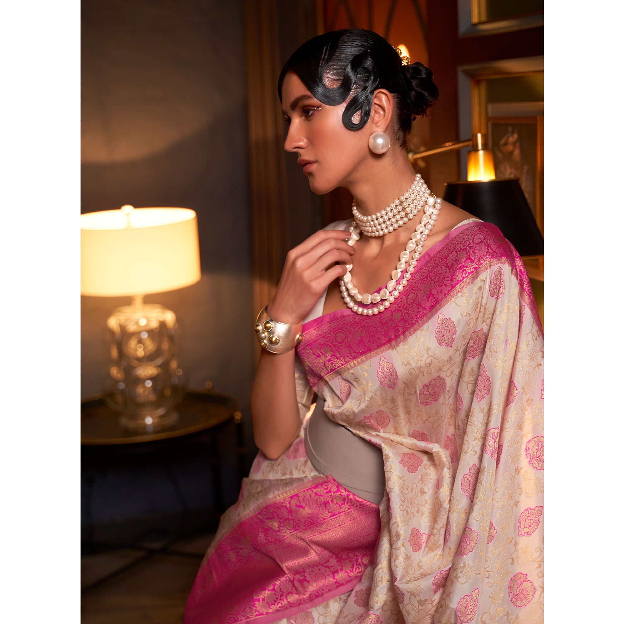 Off White & Rani Pink Floral Woven Art Silk Saree