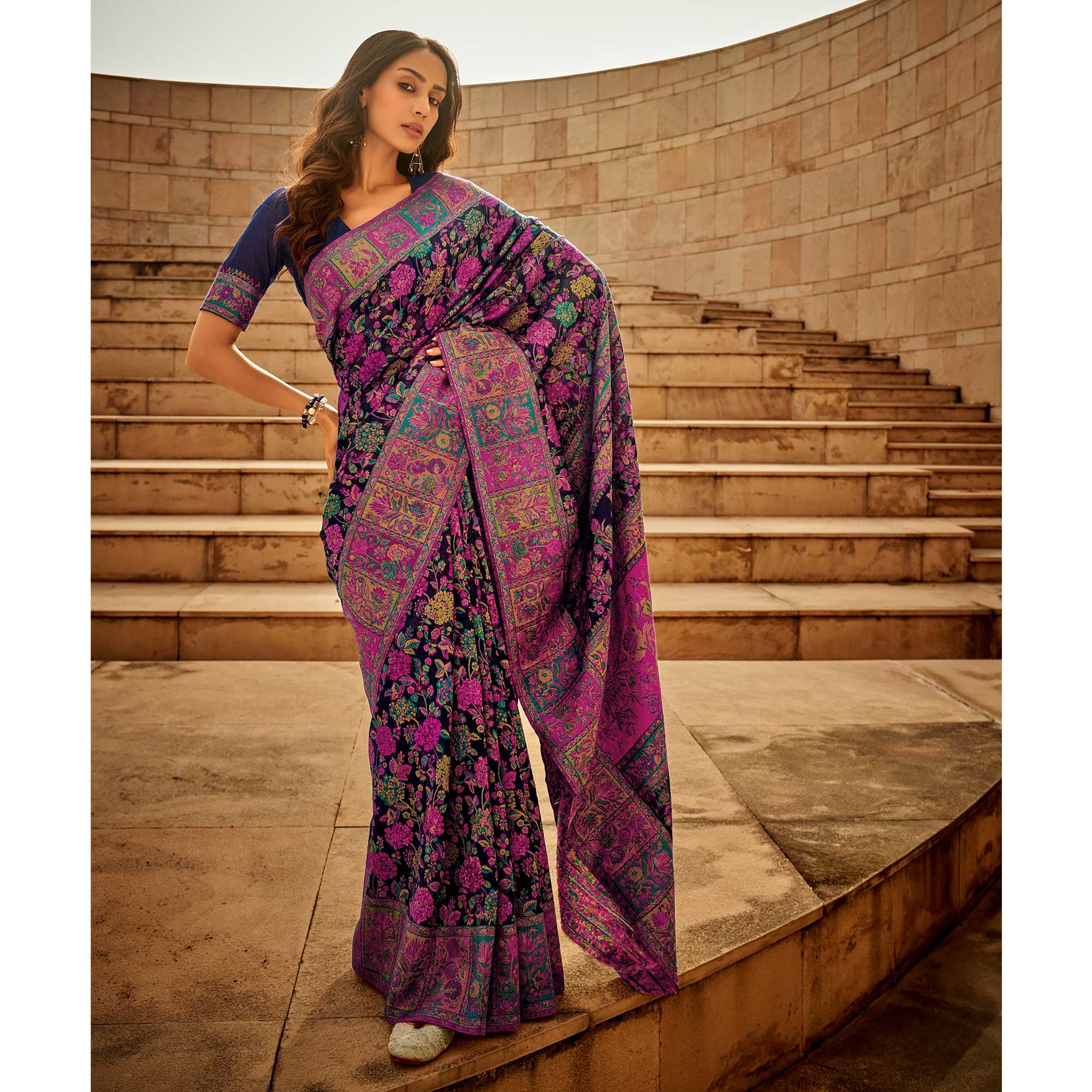 Navy Blue Floral Woven Pure Cotton Saree