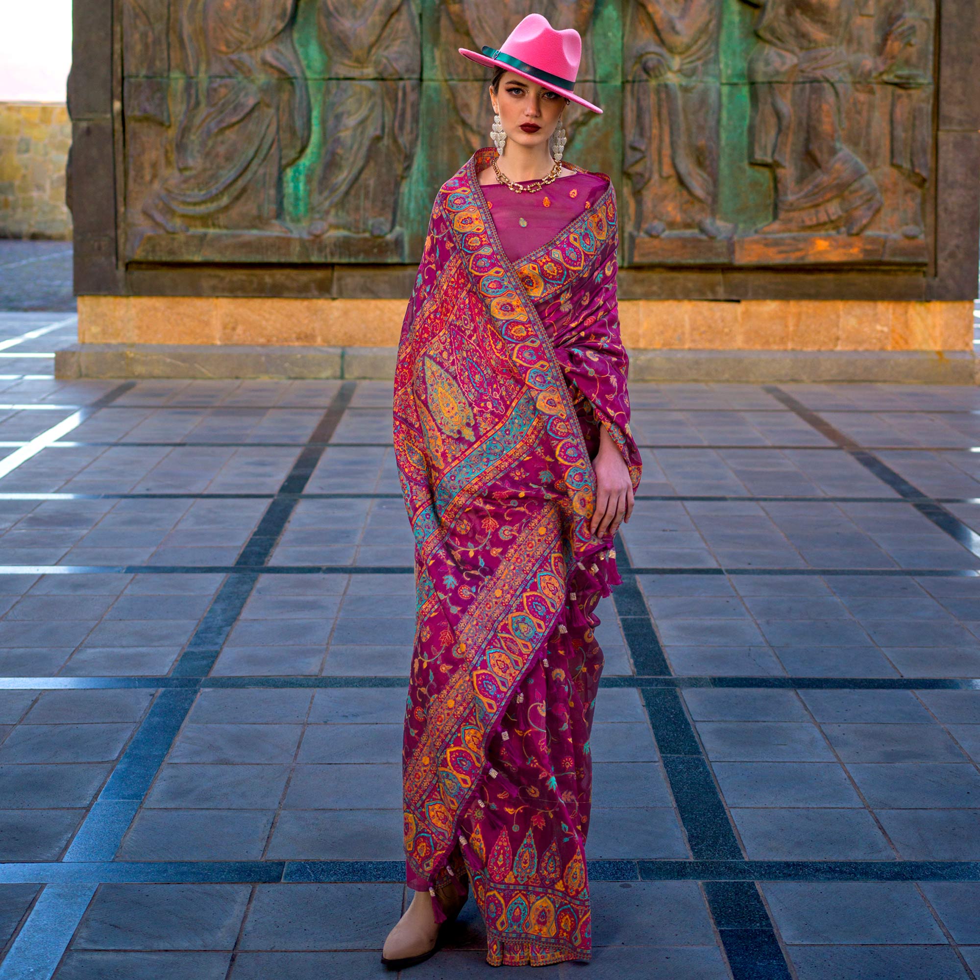 Wine Woven Kashmiri Organza Saree With Tassels