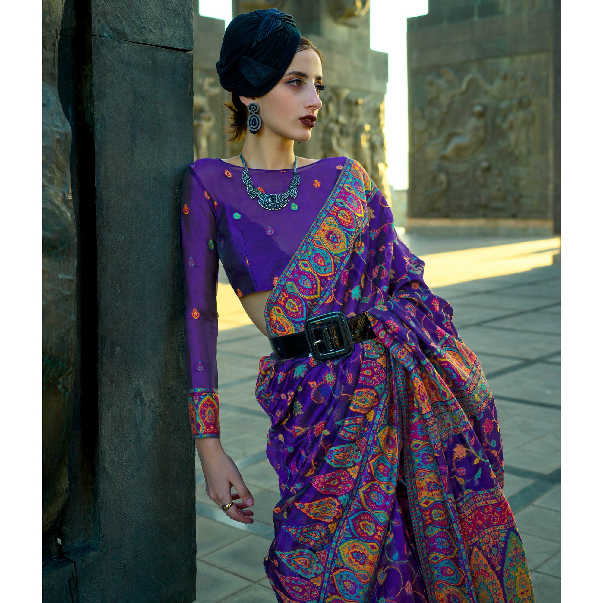 Purple Woven Kashmiri Organza Saree With Tassels