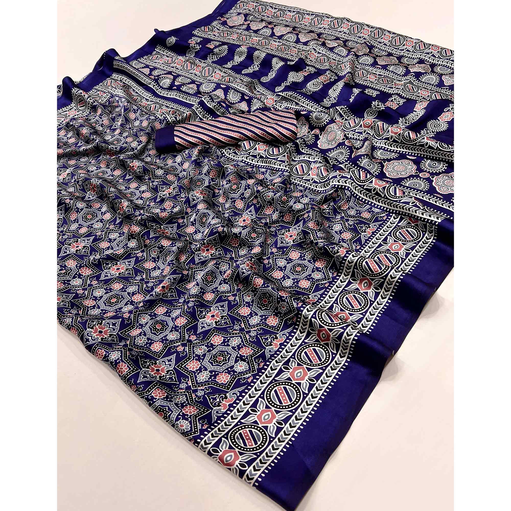 Classic Navy Blue Saree with Timeless Ajrakh Designs on Satin Crepe