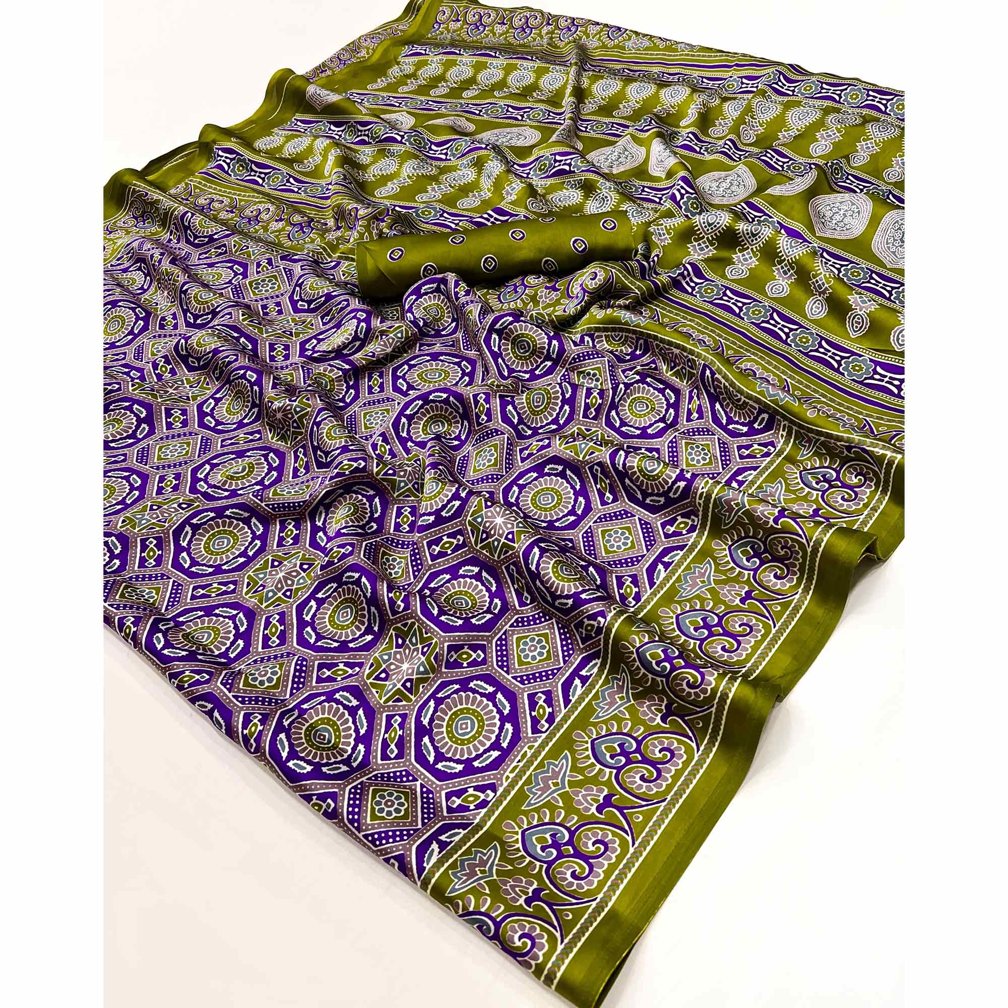 Classic Violet Saree with Timeless Ajrakh Designs on Satin Crepe