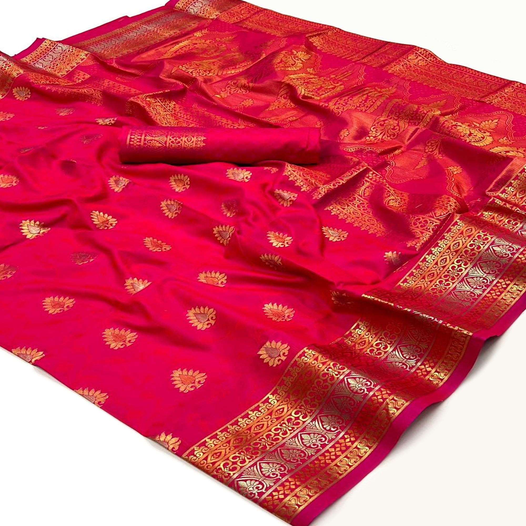 Pink Floral Zari Work Woven Banarasi Silk Saree