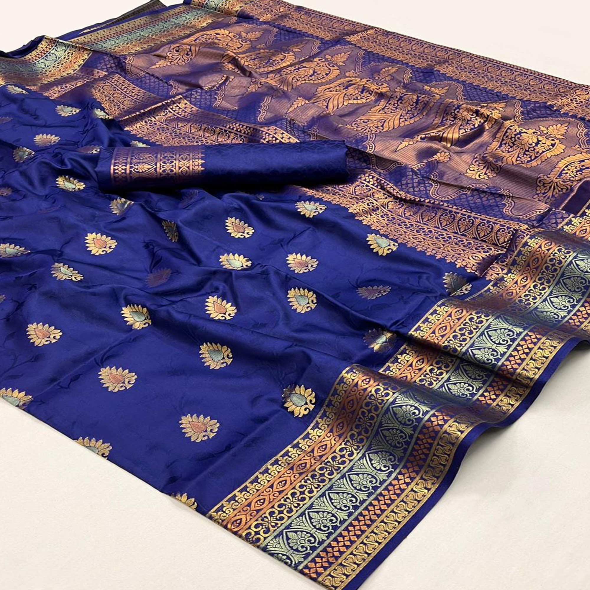 Blue Floral Zari Work Woven Banarasi Silk Saree