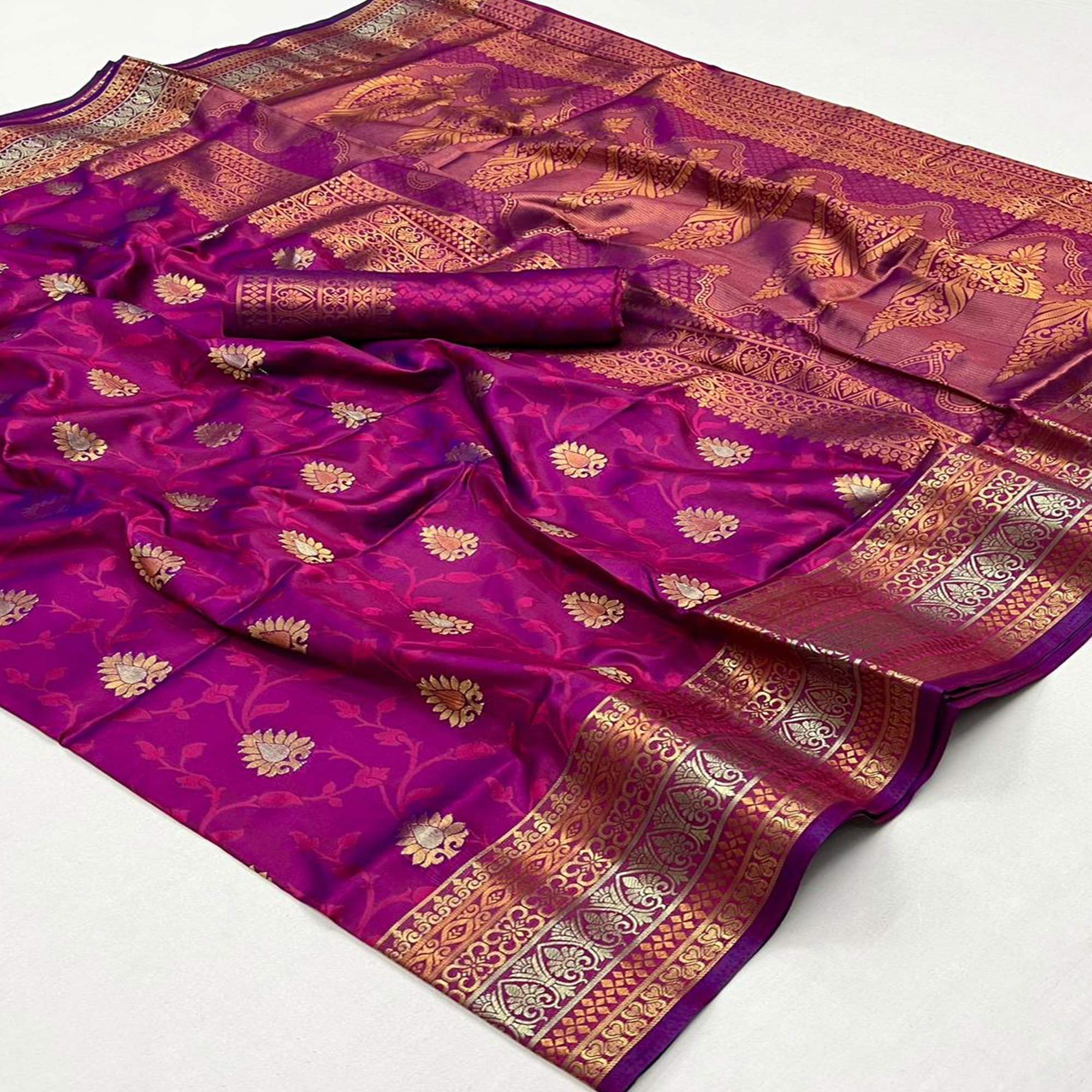 Magenta Floral Zari Work Woven Banarasi Silk Saree