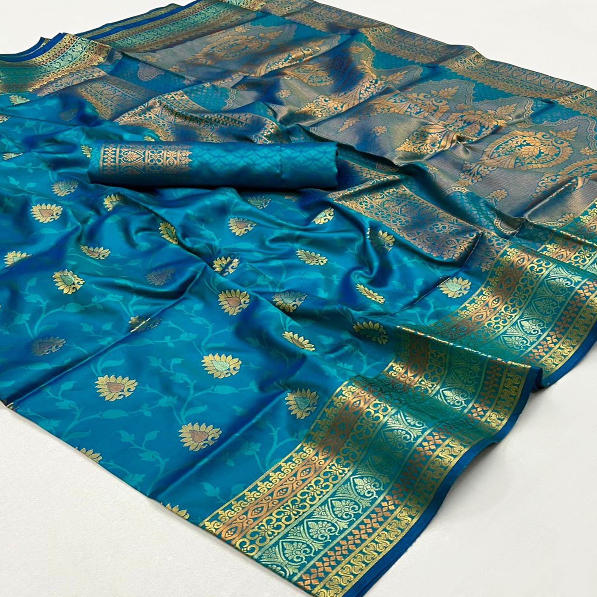 Teal Floral Zari Work Woven Banarasi Silk Saree