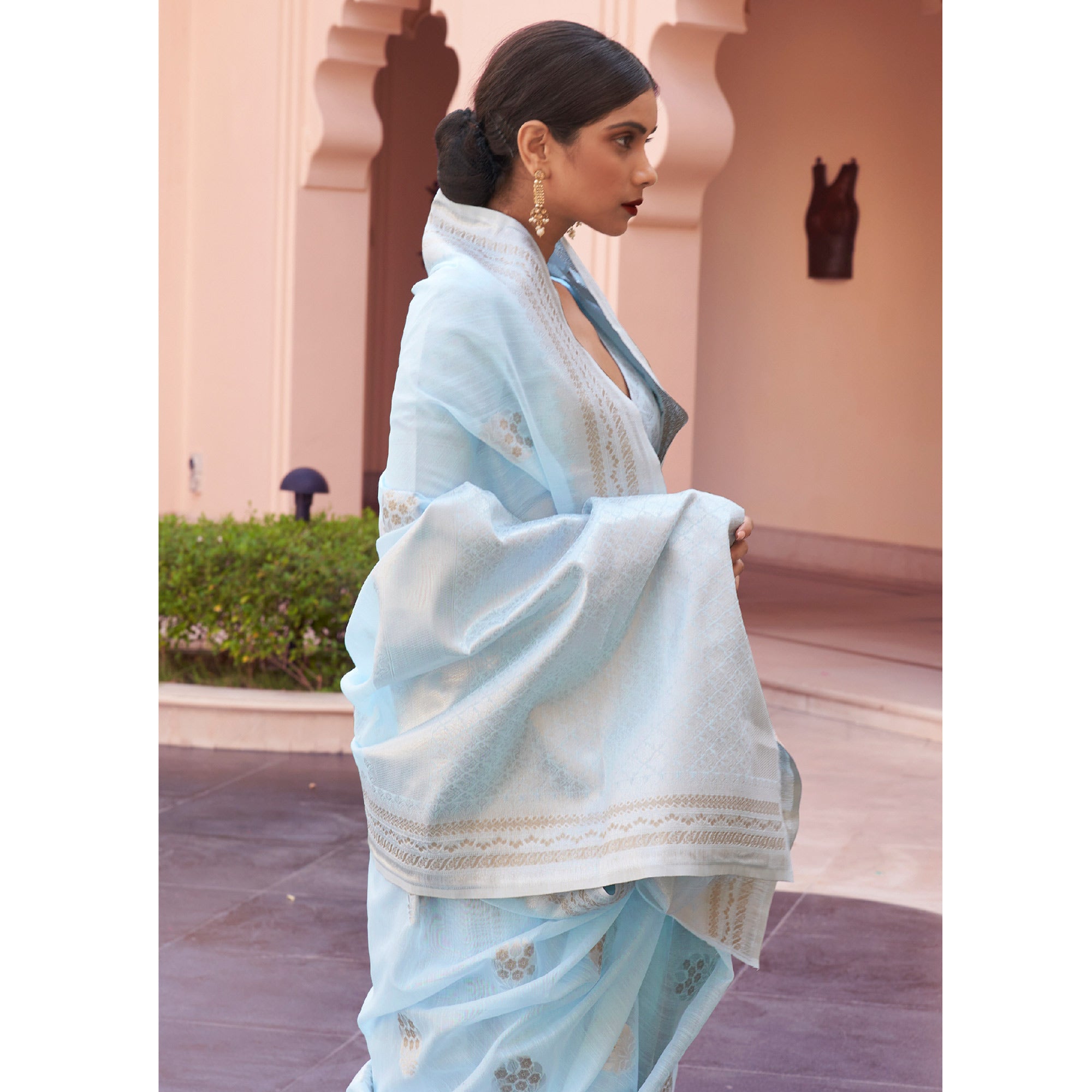 Sky Blue Woven Linen Saree