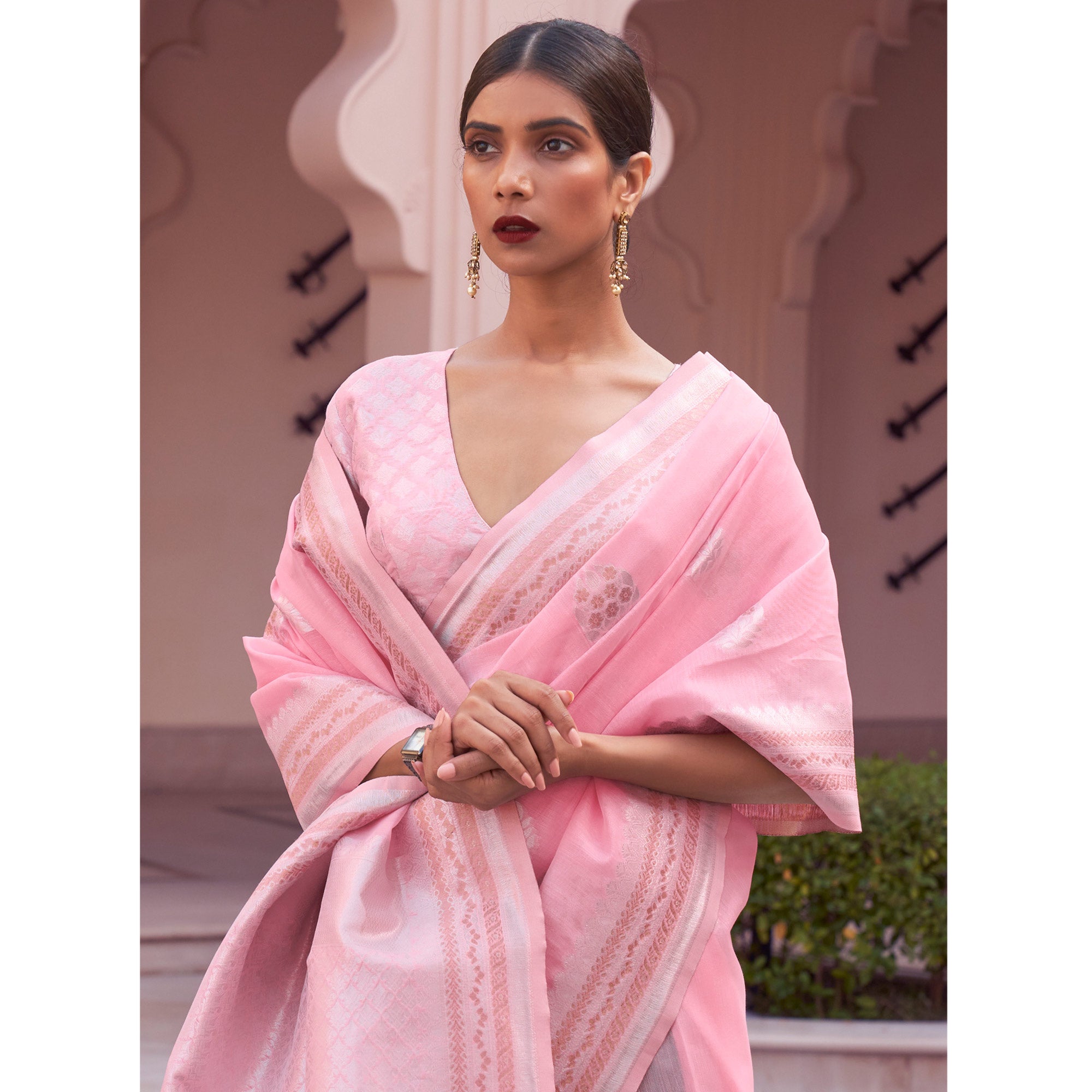 Light Pink Woven Linen Saree
