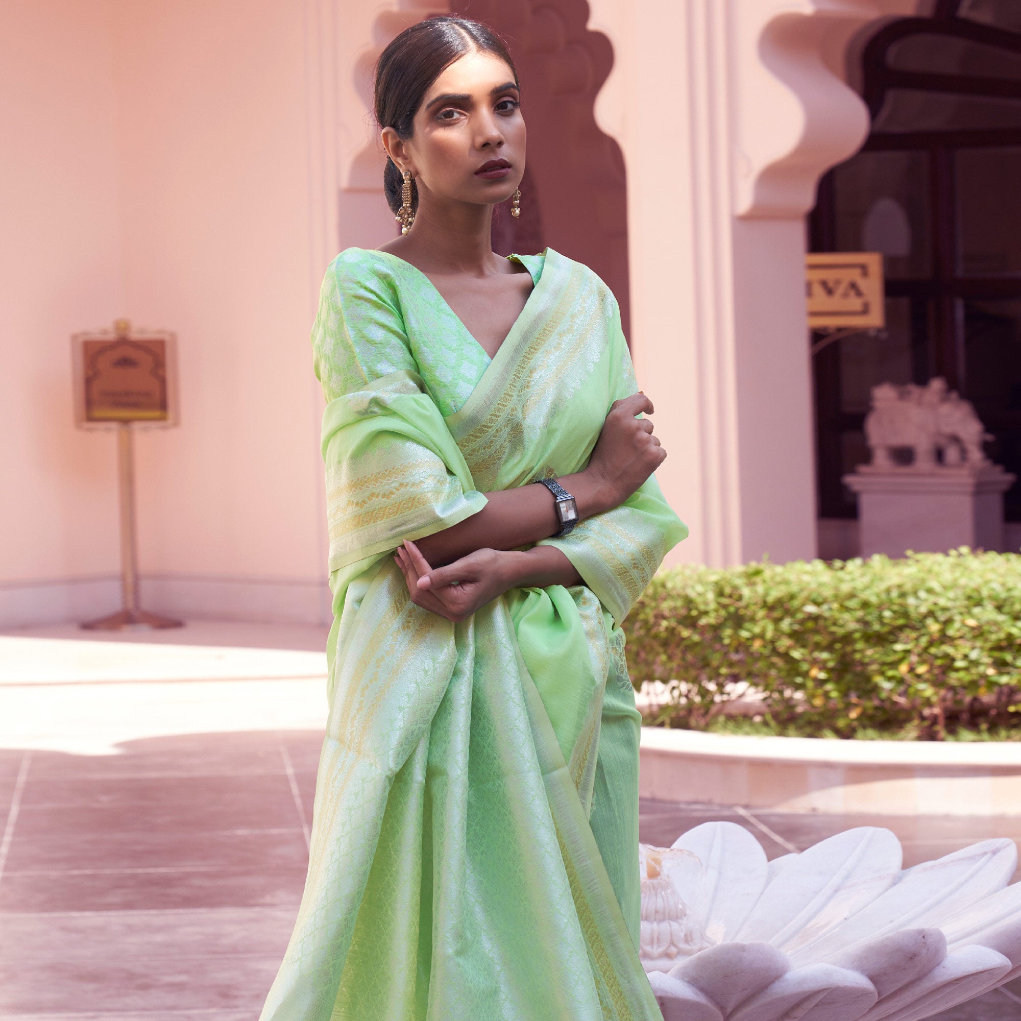 Green Woven Linen Saree