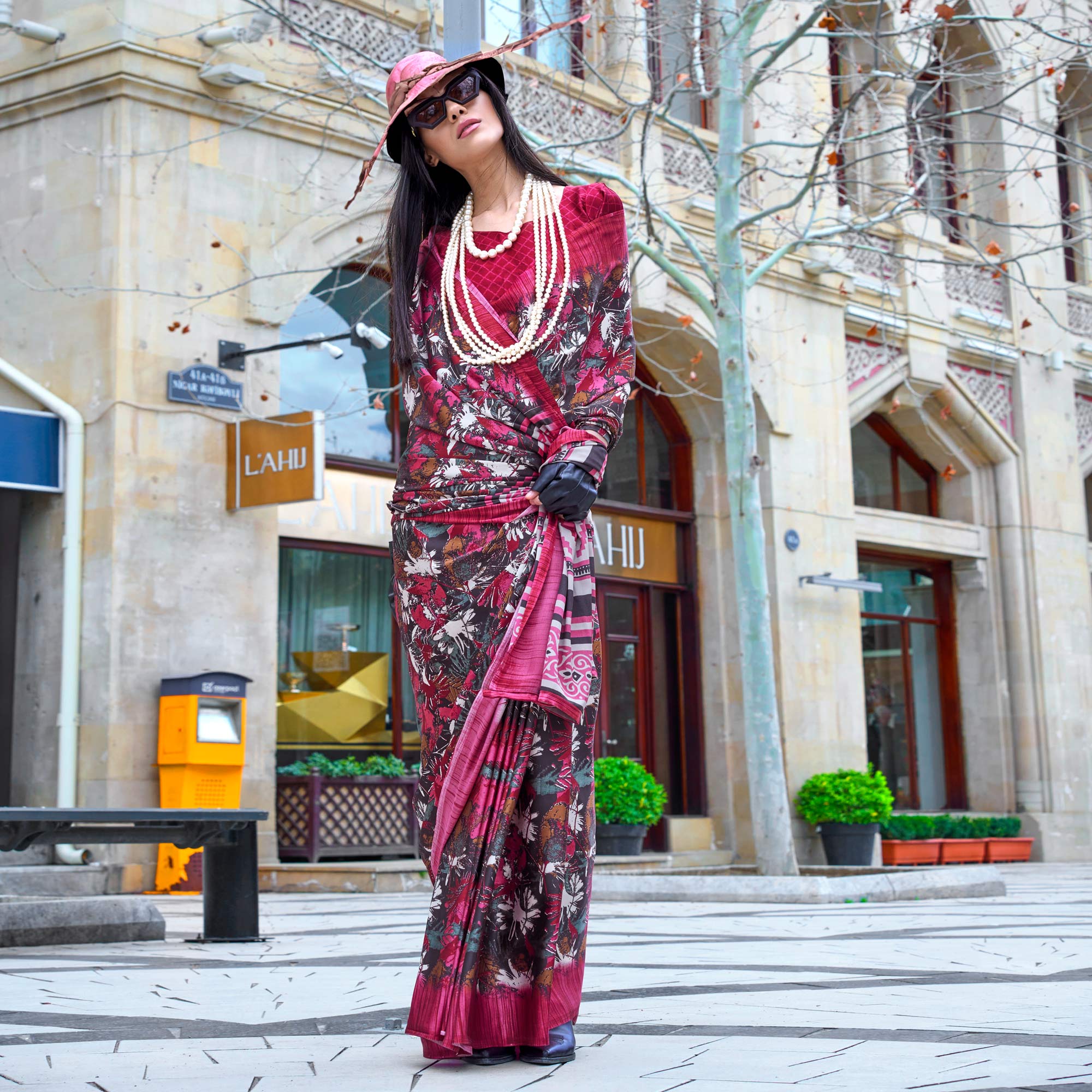 Black & Pink Contemporary Printed Satin Saree