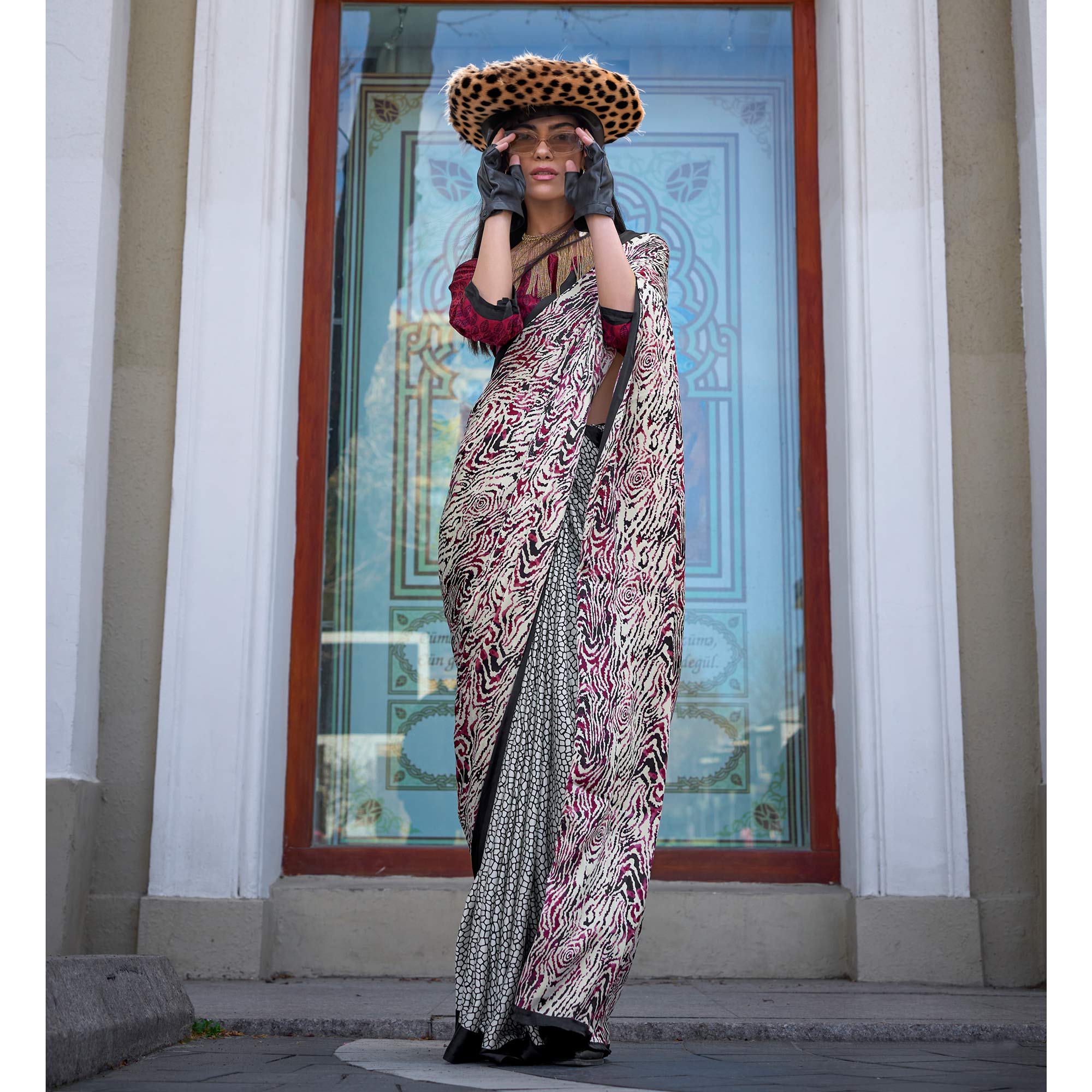 White & Maroon Contemporary Printed Satin Saree