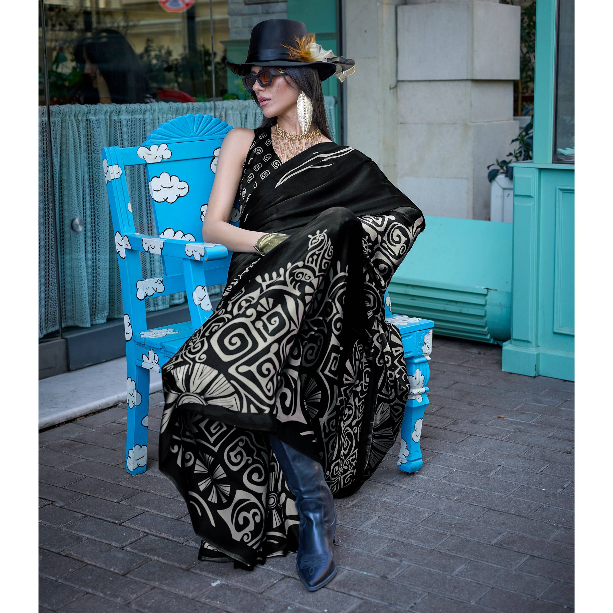 Black Contemporary Printed Satin Saree