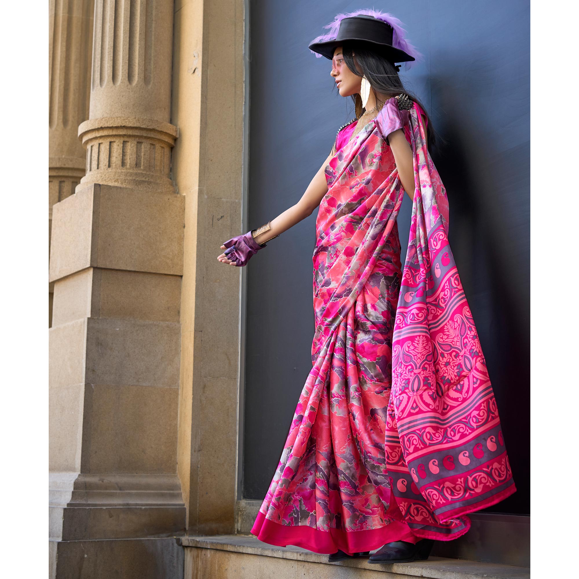 Peach & Pink Contemporary Printed Satin Saree