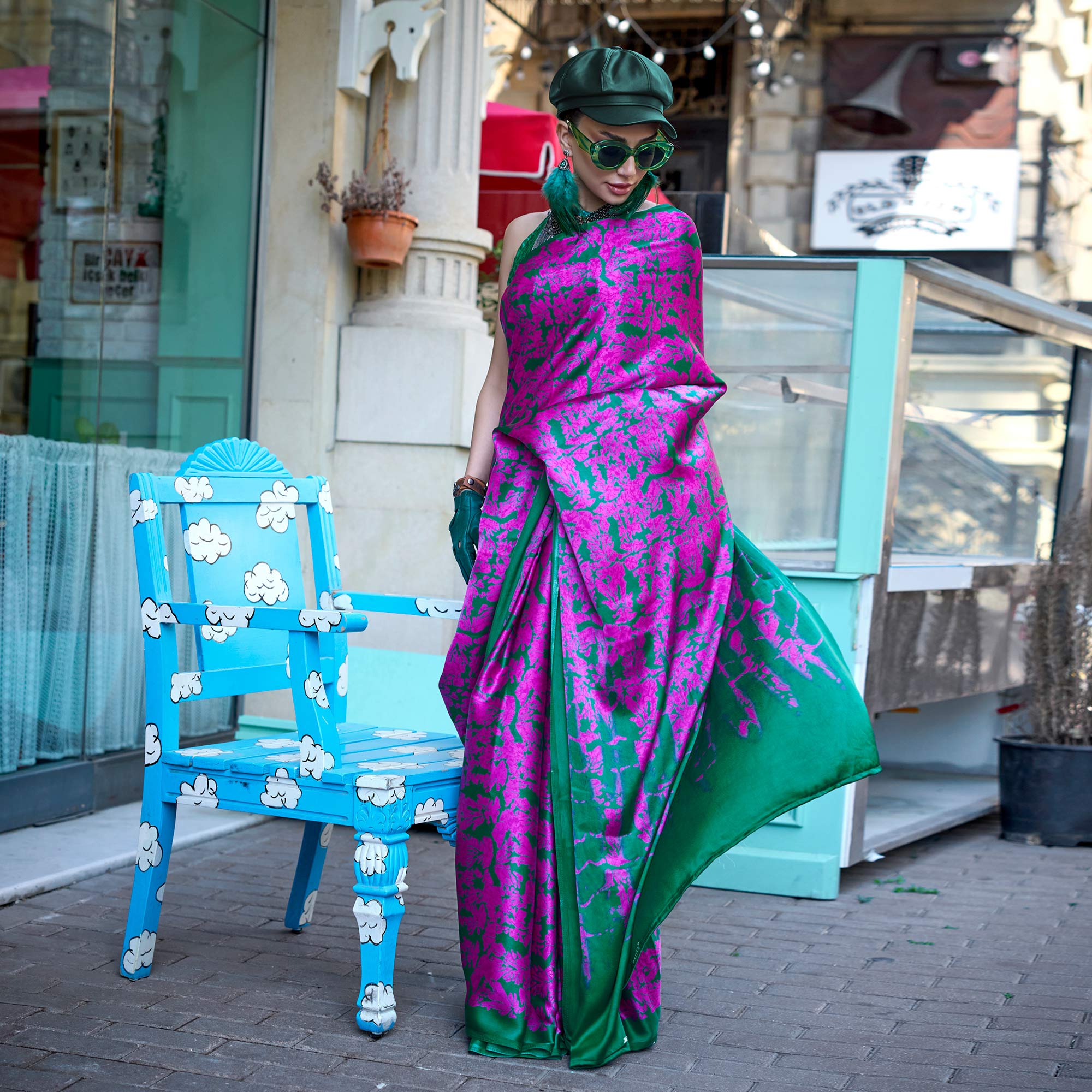 Green & Pink Contemporary Printed Satin Saree