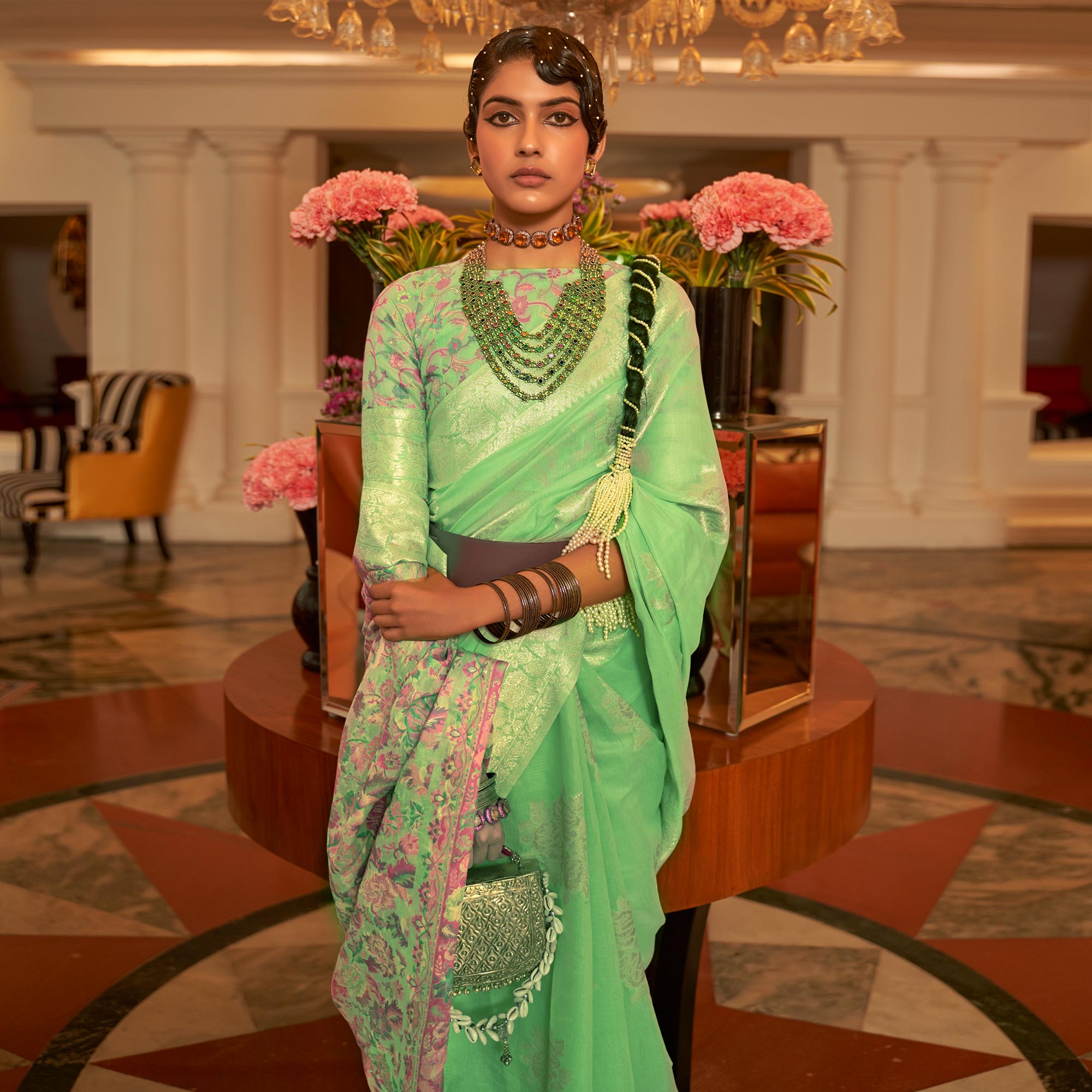 Green Floral Woven Modal Saree