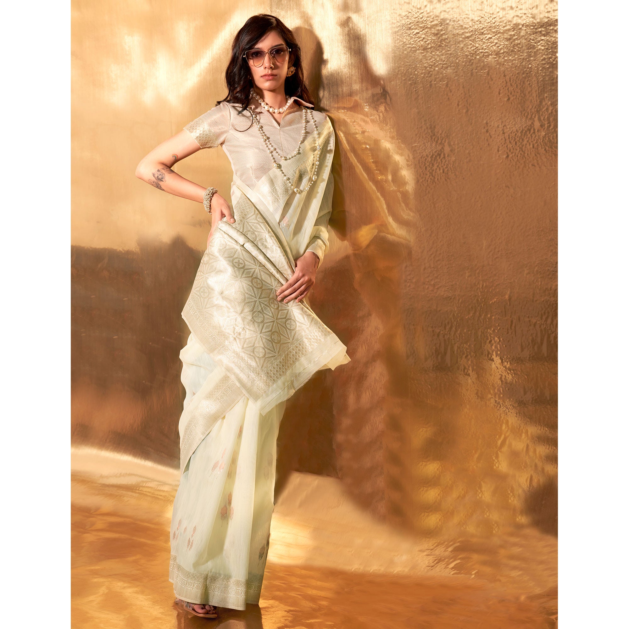Off White Zari Woven Linen Saree