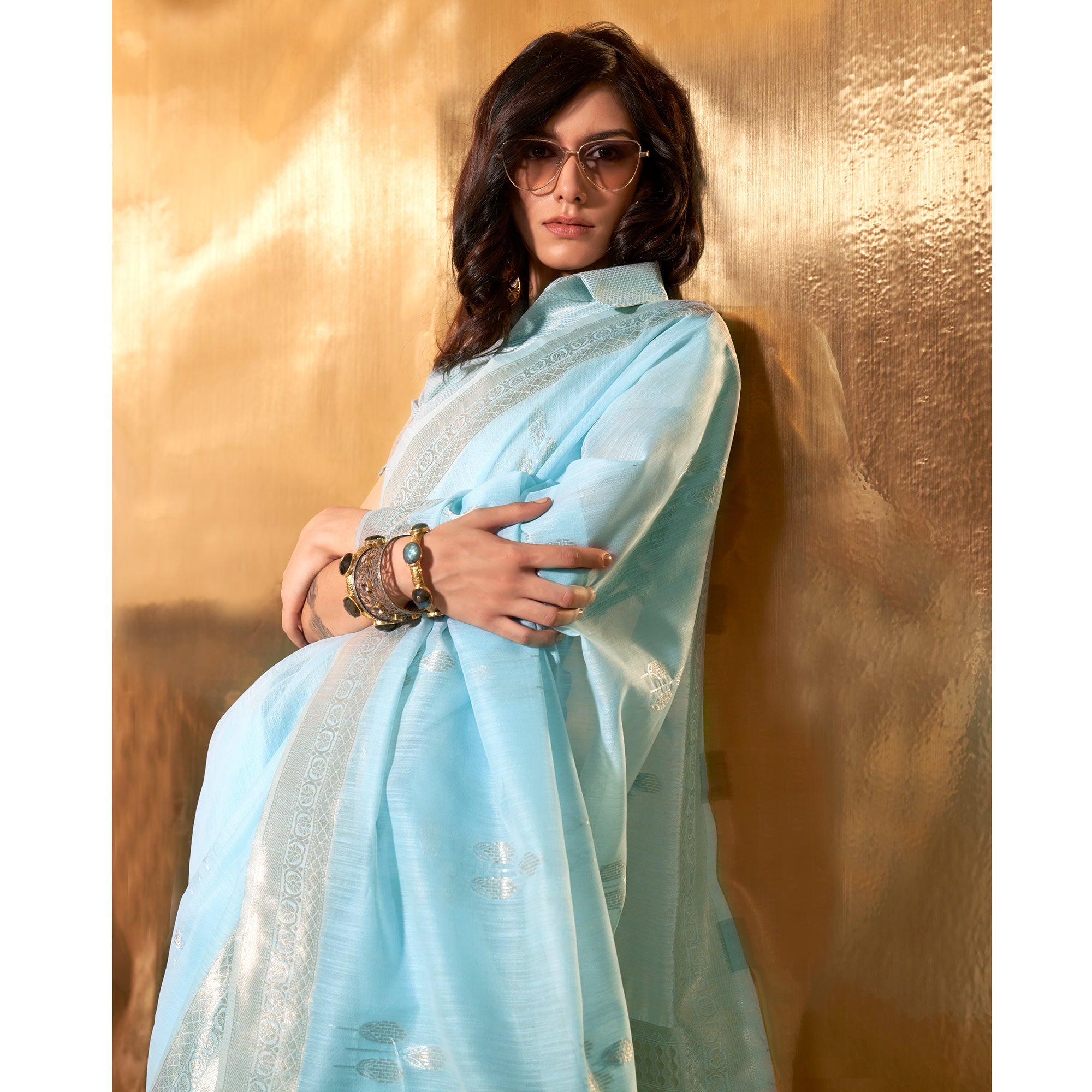 Sky Blue Zari Woven Linen Saree