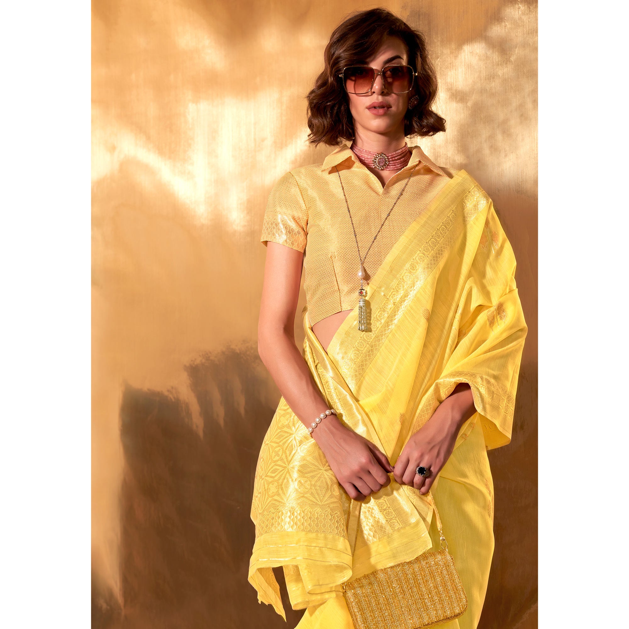 Yellow Zari Woven Linen Saree