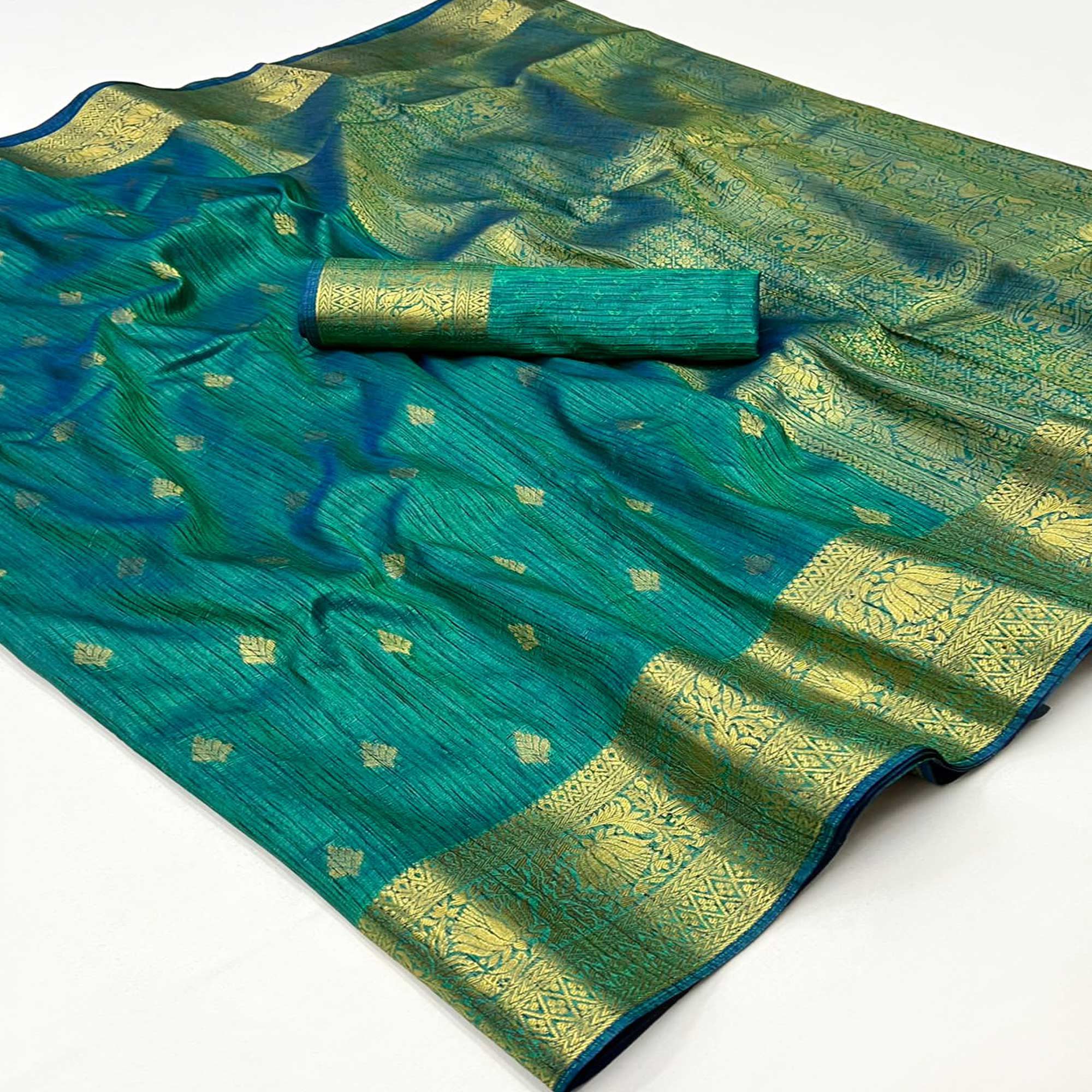 Rama Green Floral Woven Khaadi Silk Saree