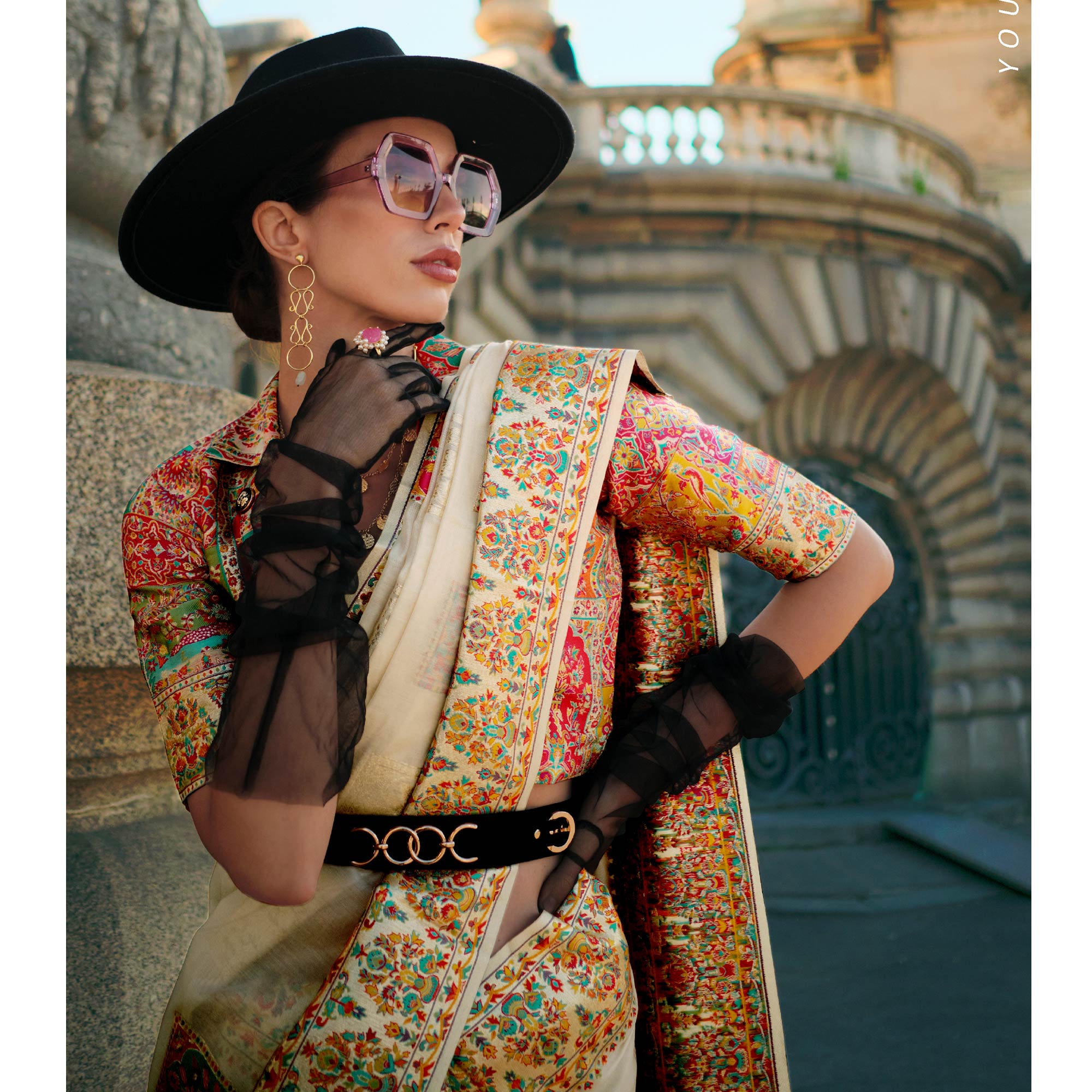 Off White Floral Embroidered Woven Chanderi Silk Saree