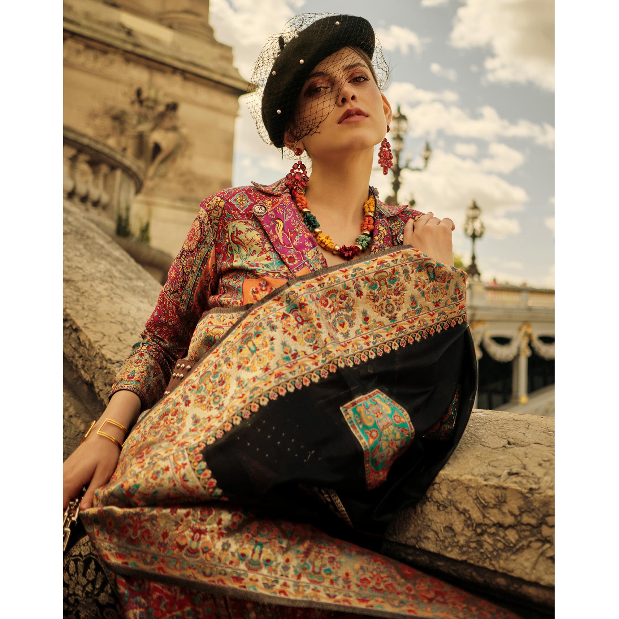 Black Floral Embroidered Woven Chanderi Silk Saree