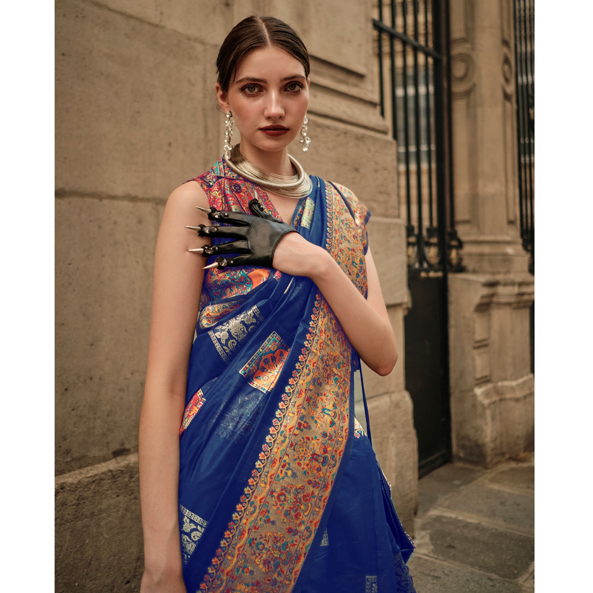 Navy Blue Floral Embroidered Woven Chanderi Silk Saree