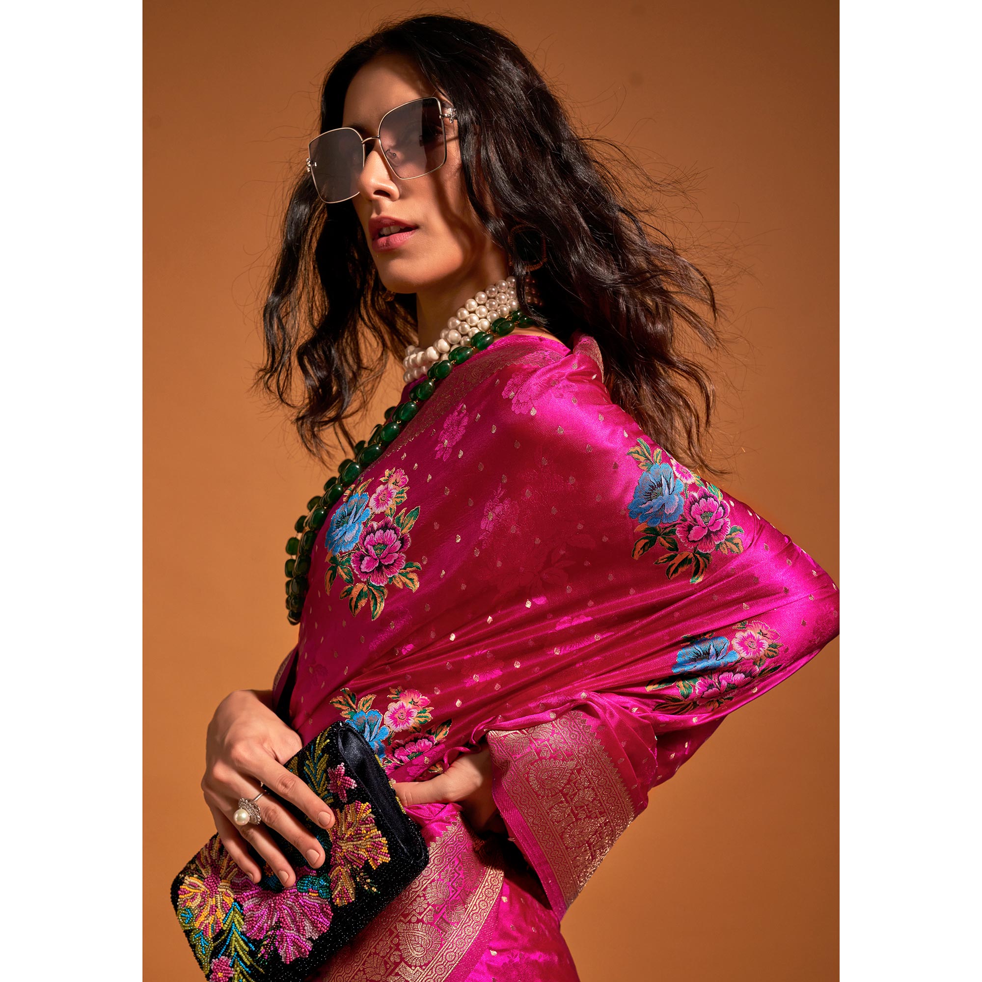 Pink Floral Woven Satin Saree With Tassels