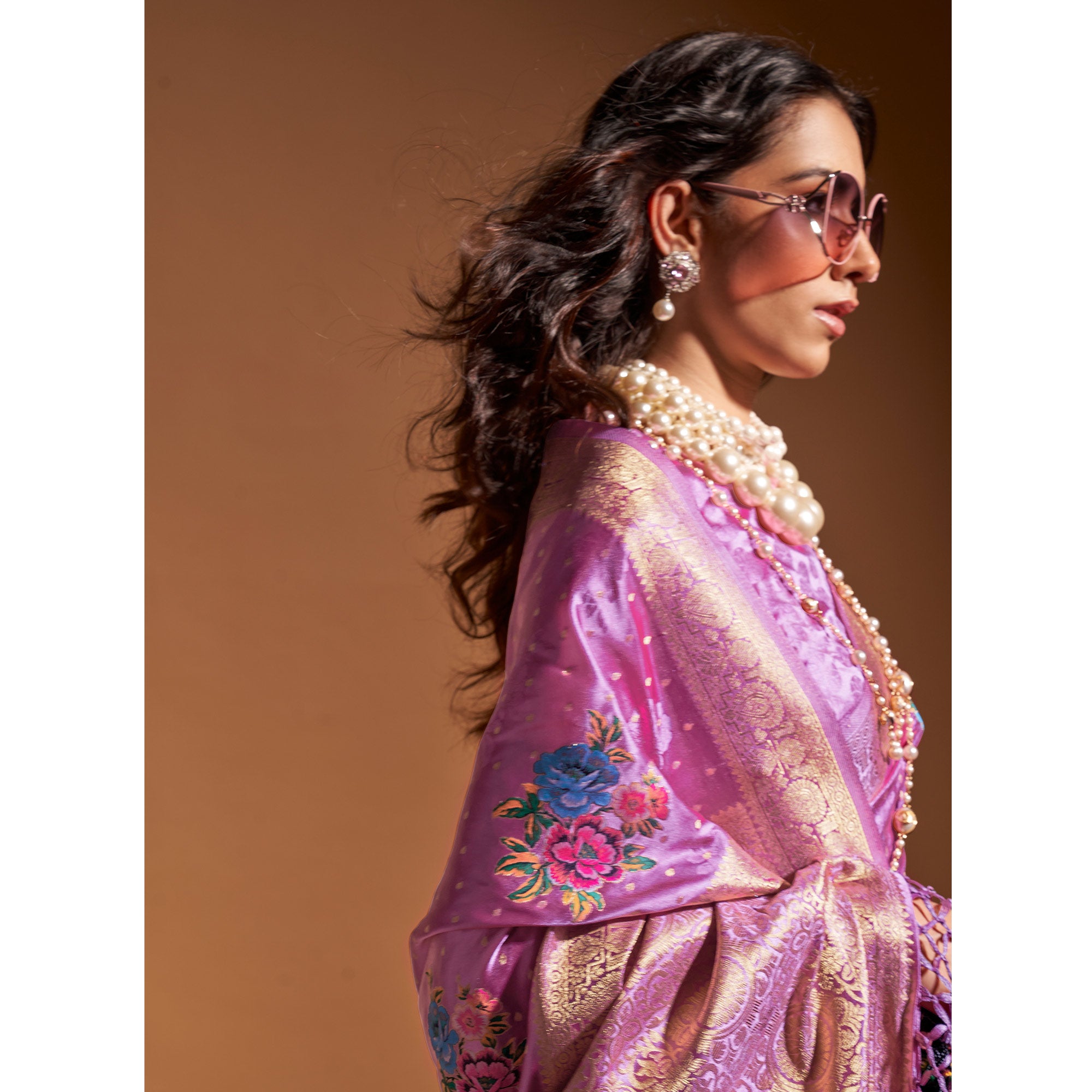 Purple Floral Woven Satin Saree With Tassels