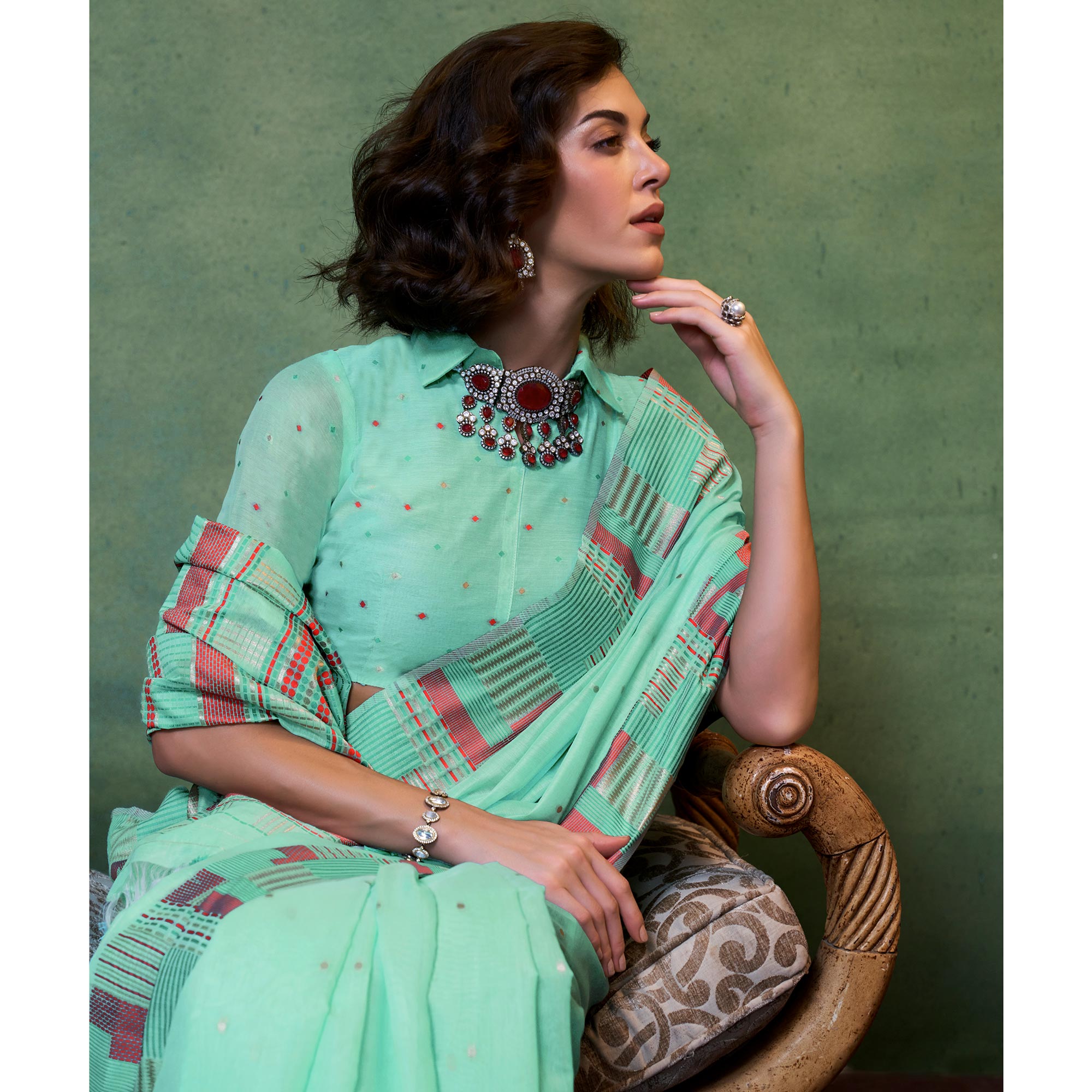 Turquoise Woven Cotton Silk Saree With Tassels