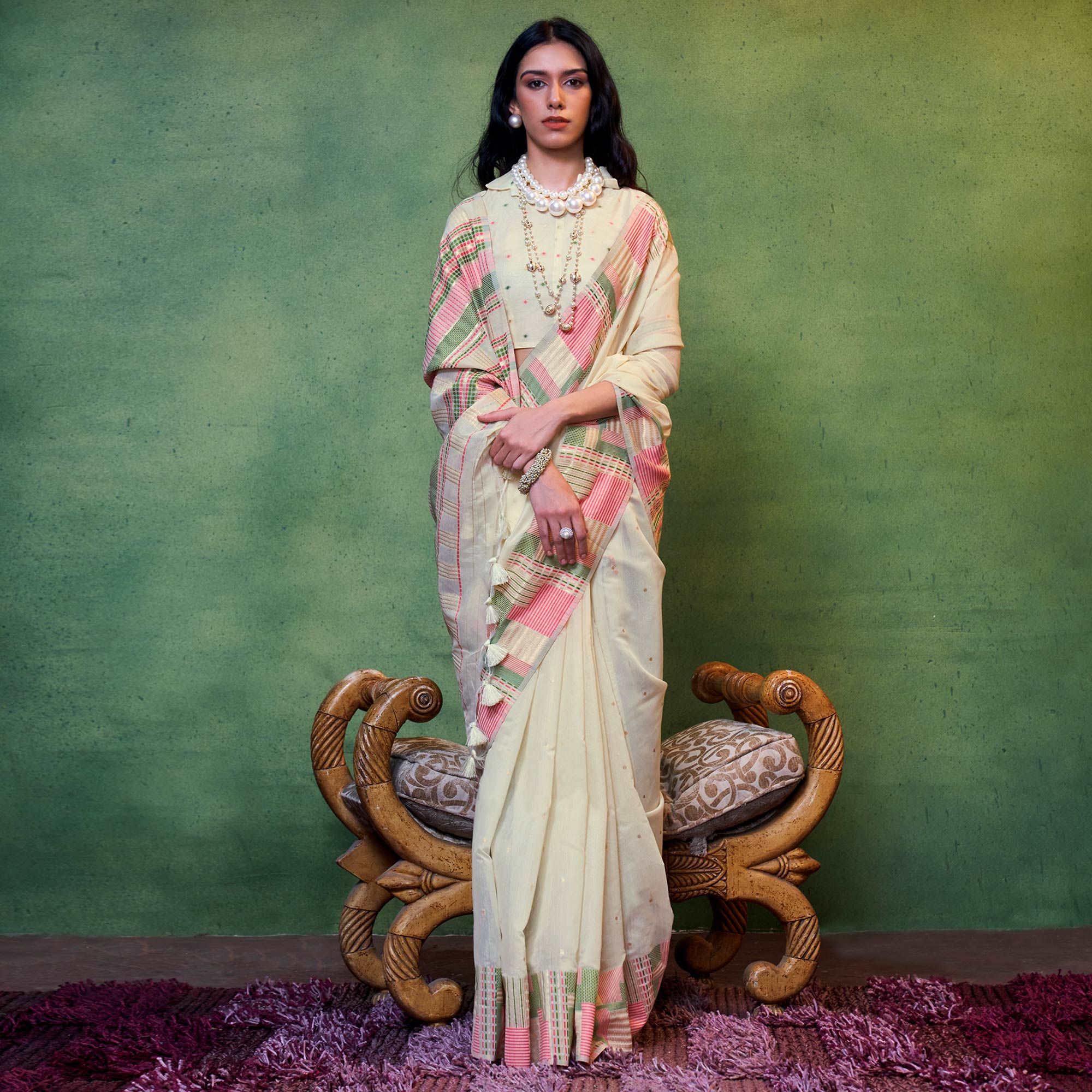 Cream Woven Cotton Silk Saree With Tassels